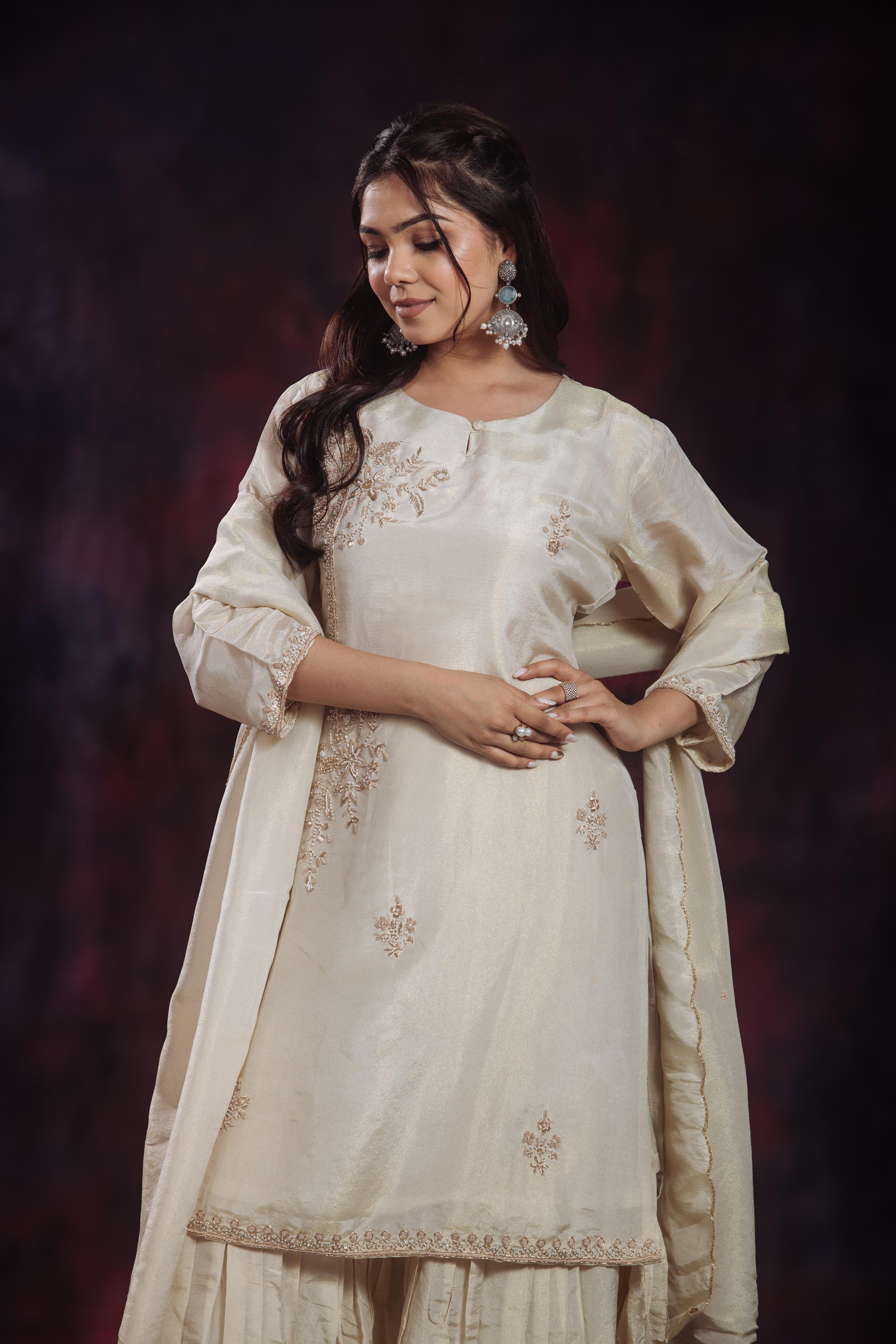 Golden Ivory Shimmer Silk Sharara Set - Image 6