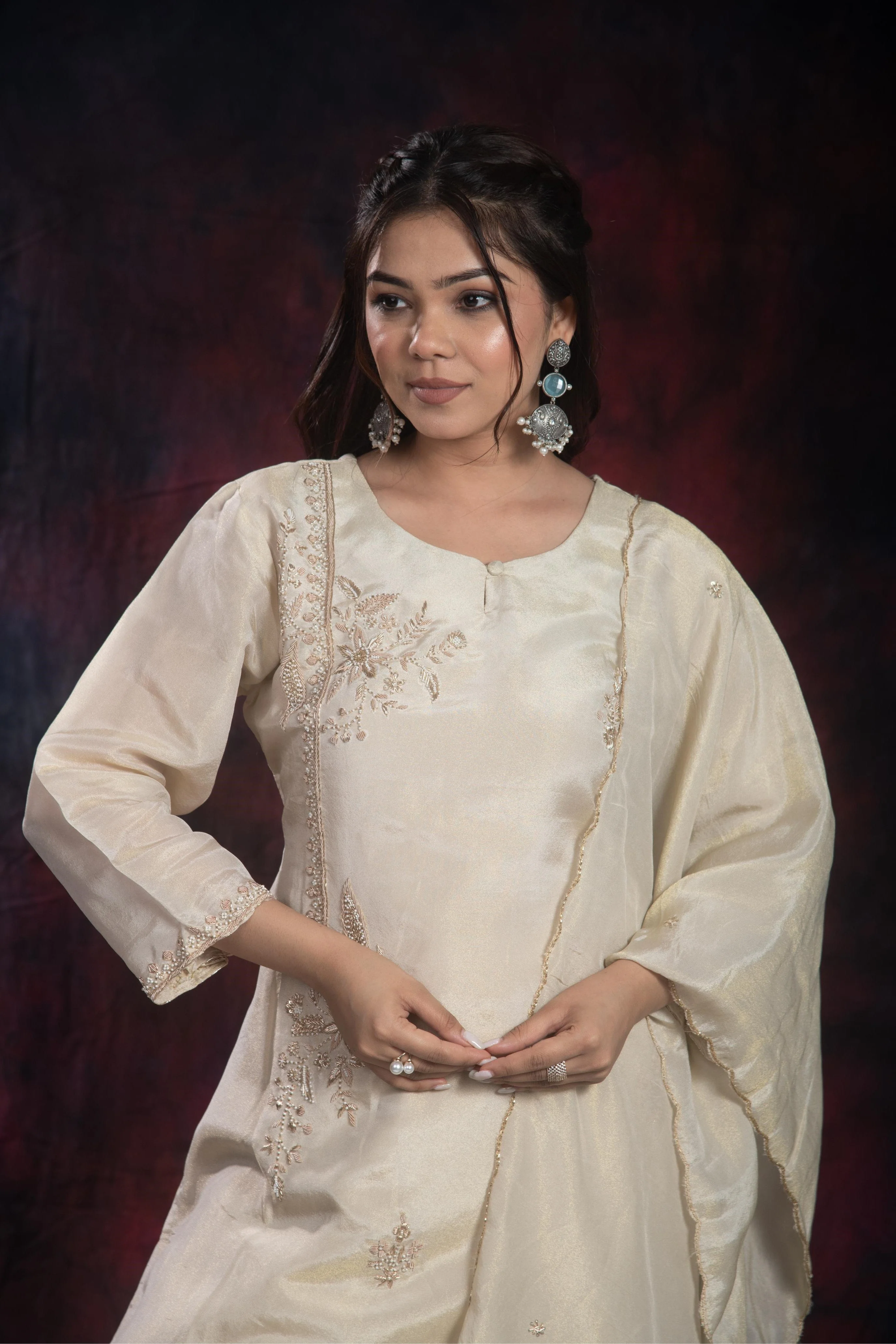 Golden Ivory Shimmer Silk Sharara Set - Image 7