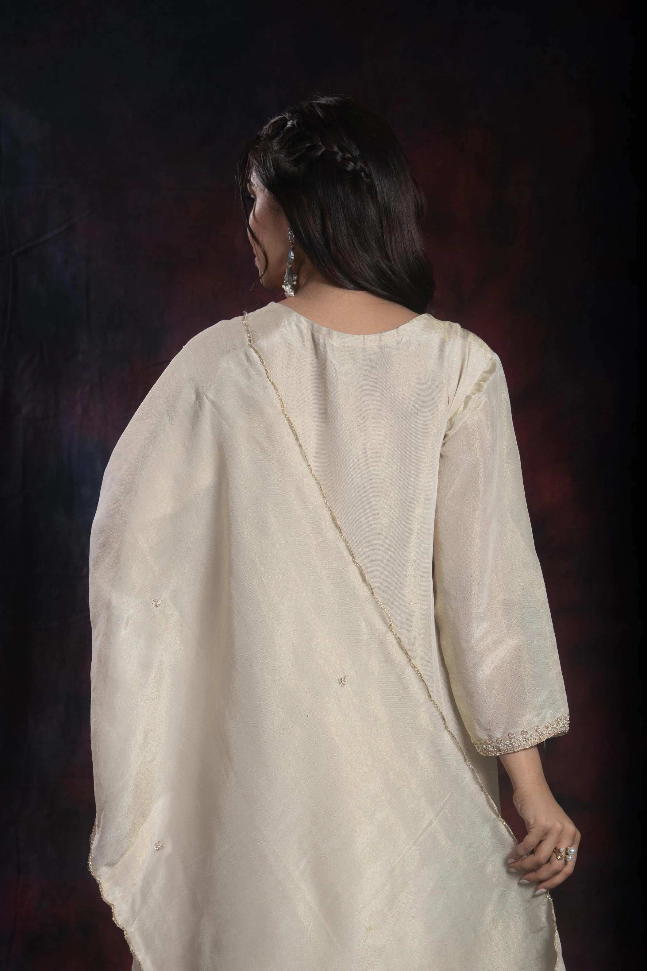 Golden Ivory Shimmer Silk Sharara Set - Image 8