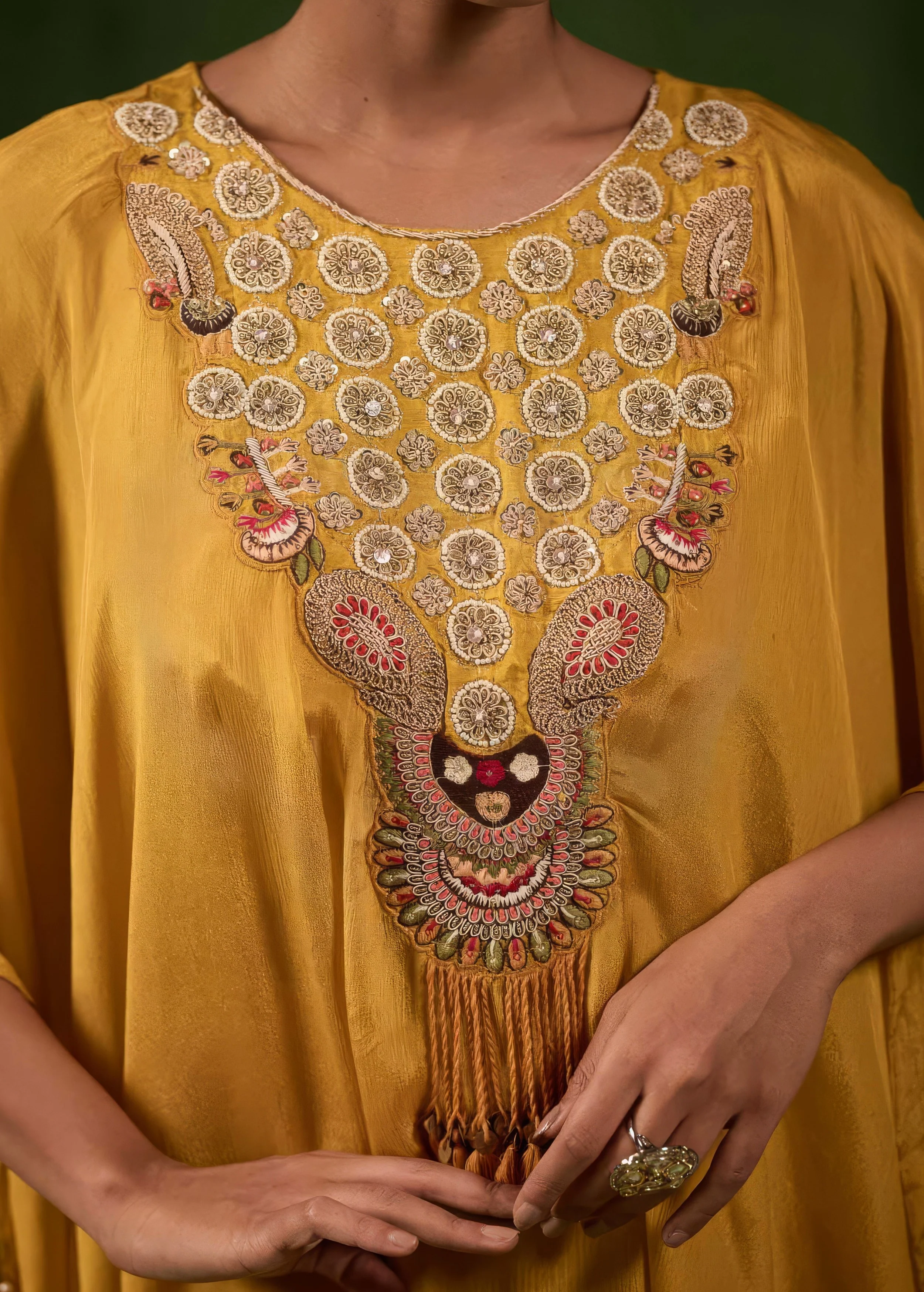 Golden Mustard Embellished Chinon Silk Kaftan Set - Image 2