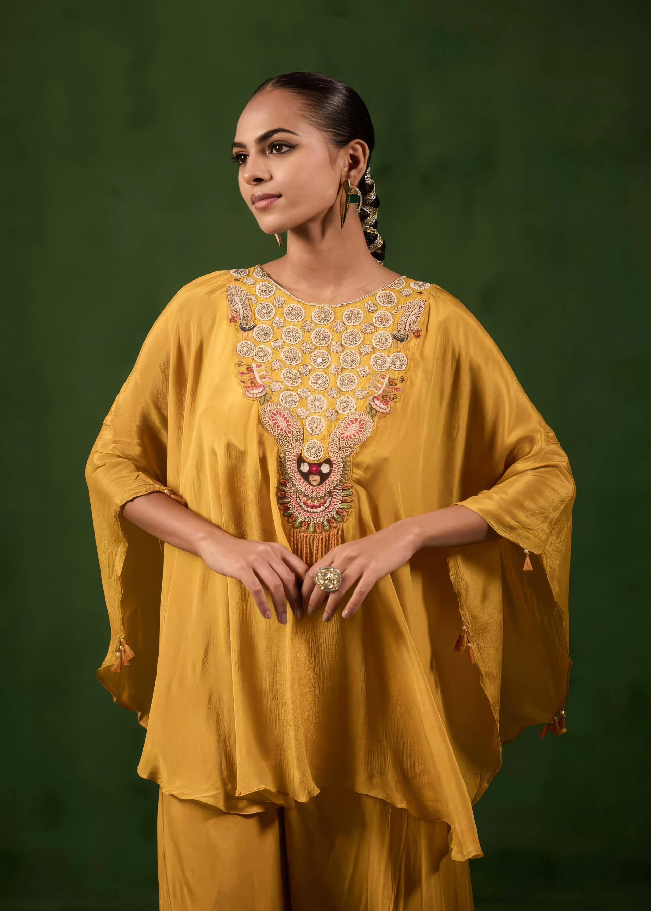 Golden Mustard Embellished Chinon Silk Kaftan Set - Image 3