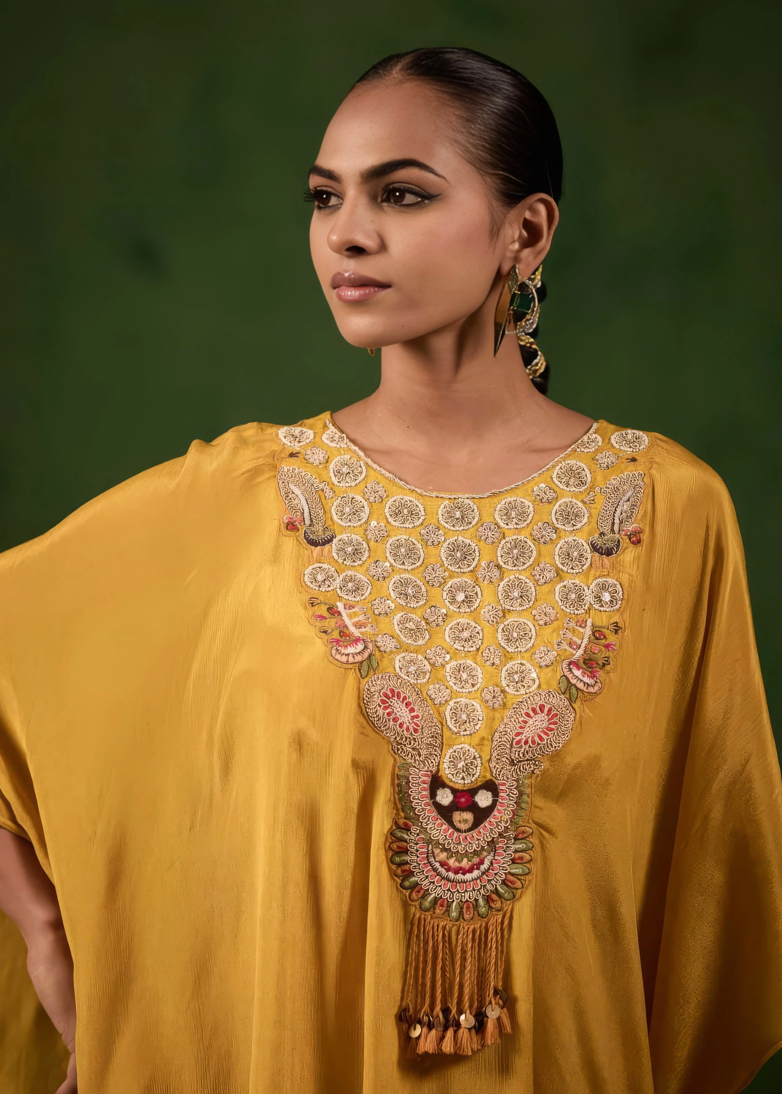 Golden Mustard Embellished Chinon Silk Kaftan Set - Image 4