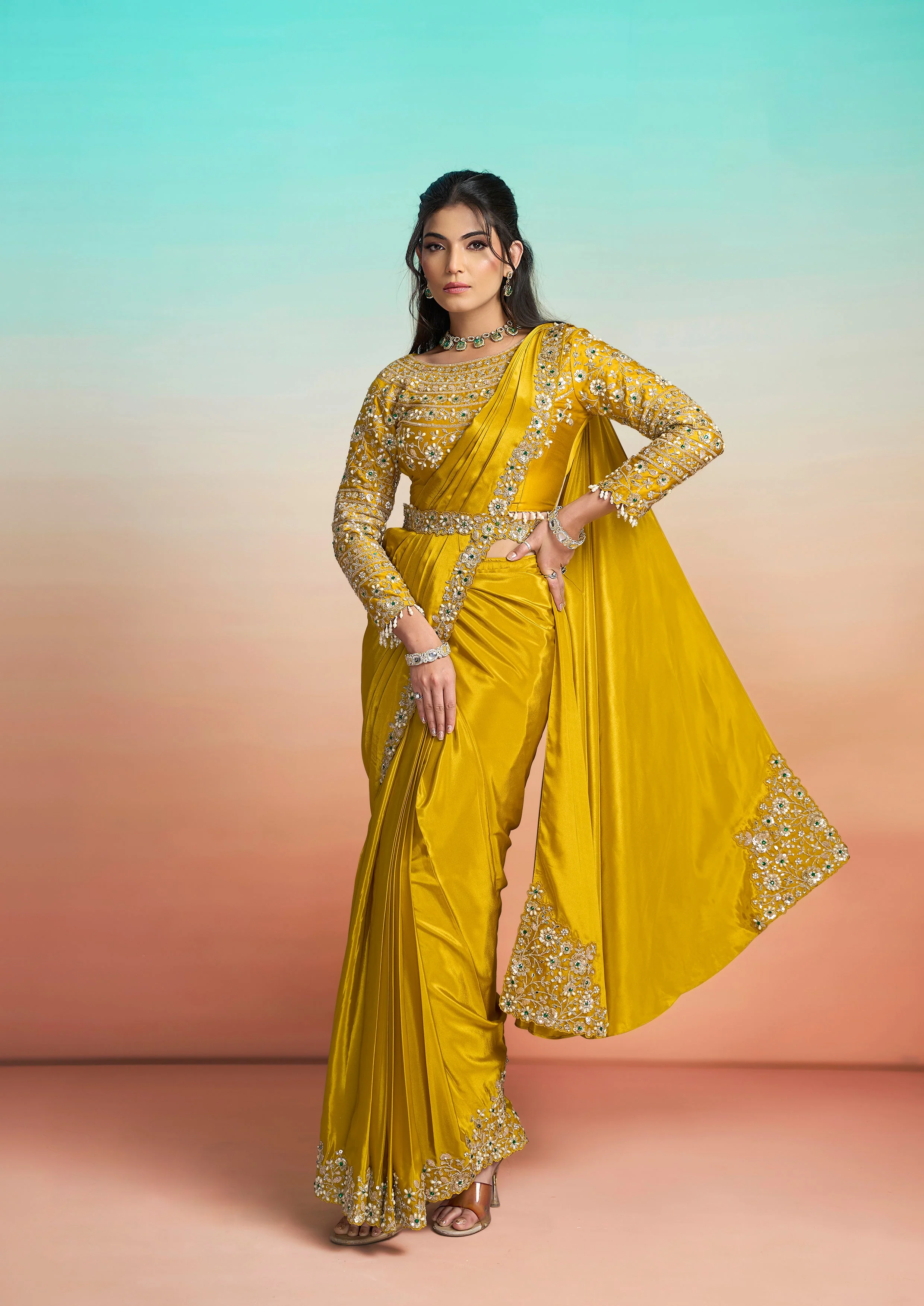 Golden Mustard Embellished Crepe Silk Draped Saree