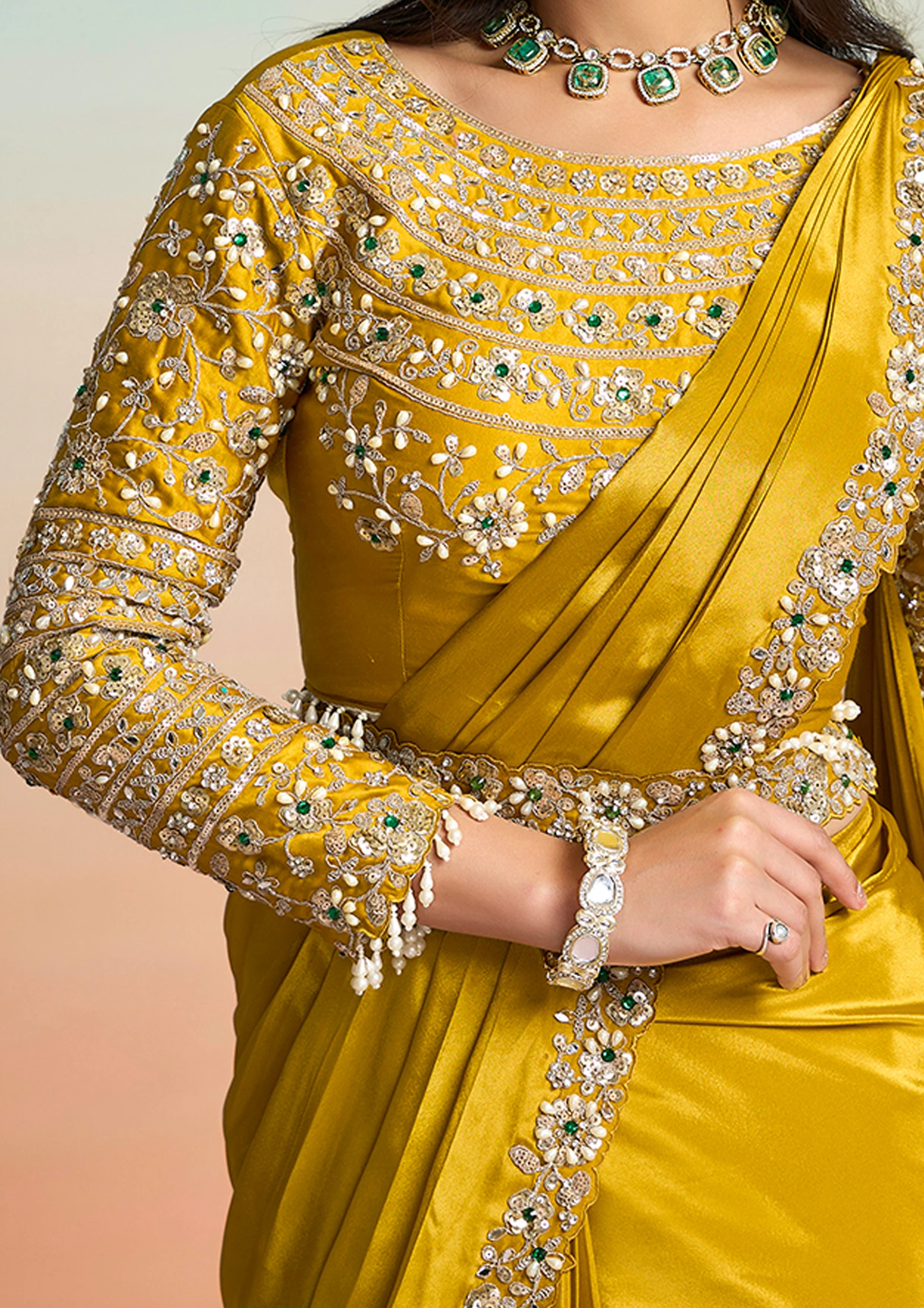Golden Mustard Embellished Crepe Silk Draped Saree - Image 2