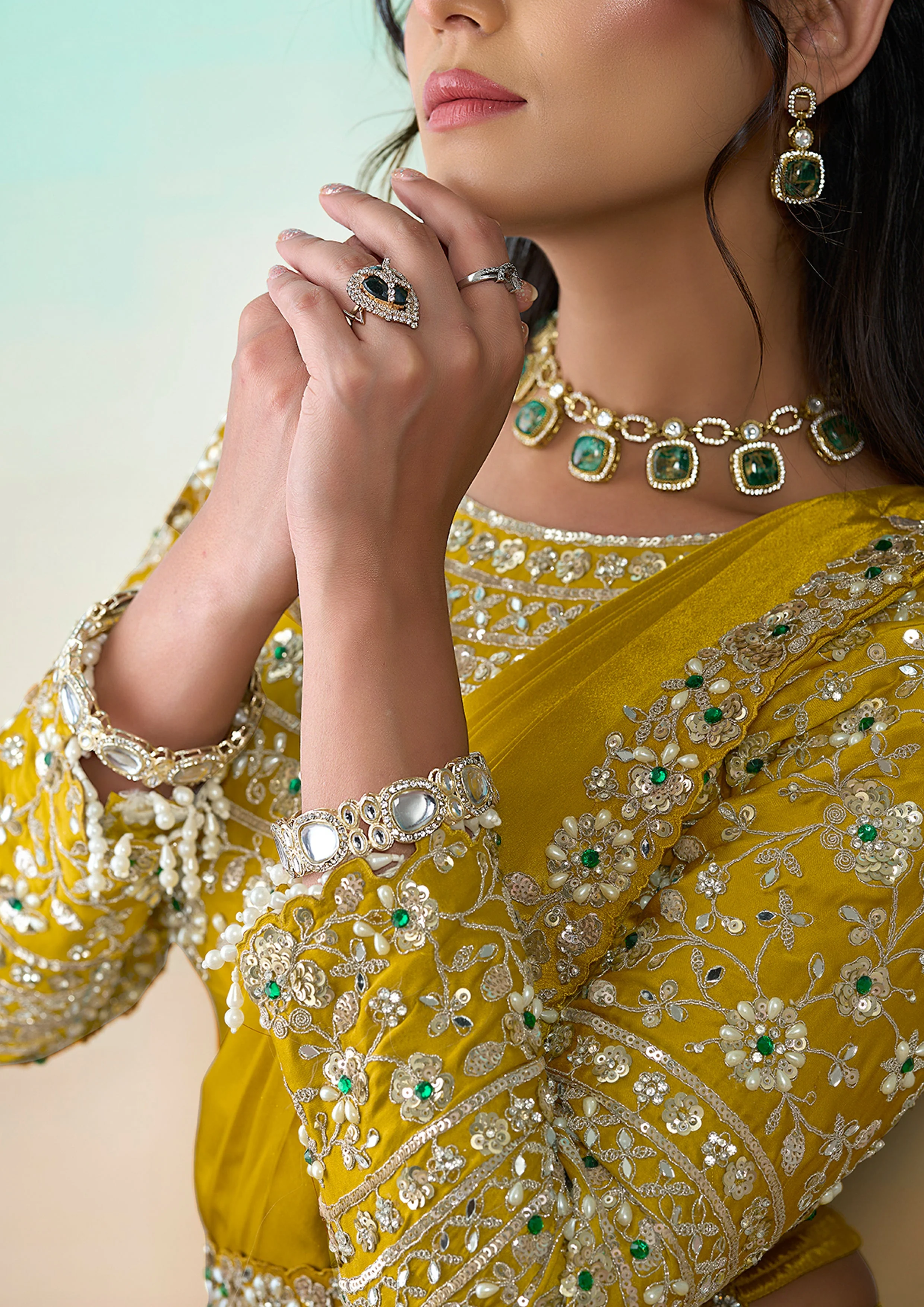 Golden Mustard Embellished Crepe Silk Draped Saree - Image 3