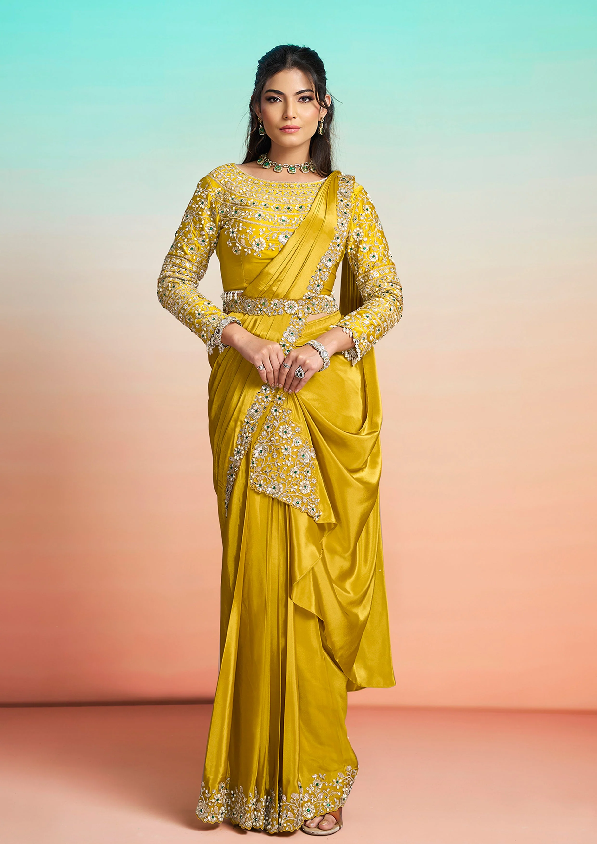 Golden Mustard Embellished Crepe Silk Draped Saree - Image 4