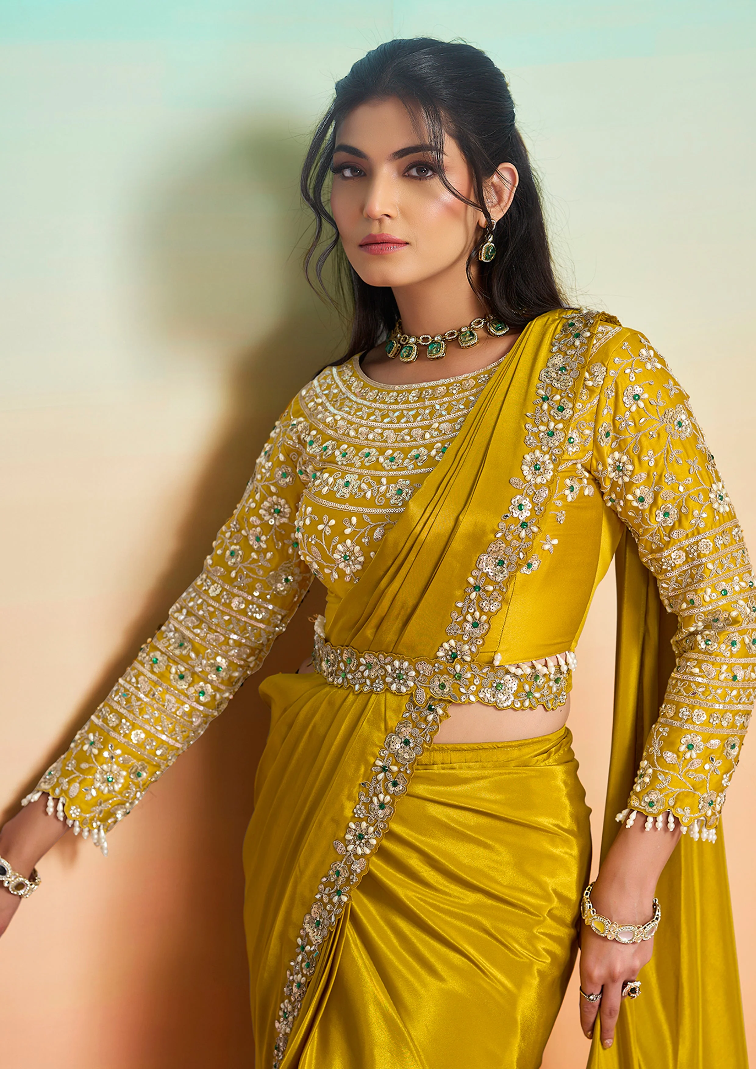 Golden Mustard Embellished Crepe Silk Draped Saree - Image 5