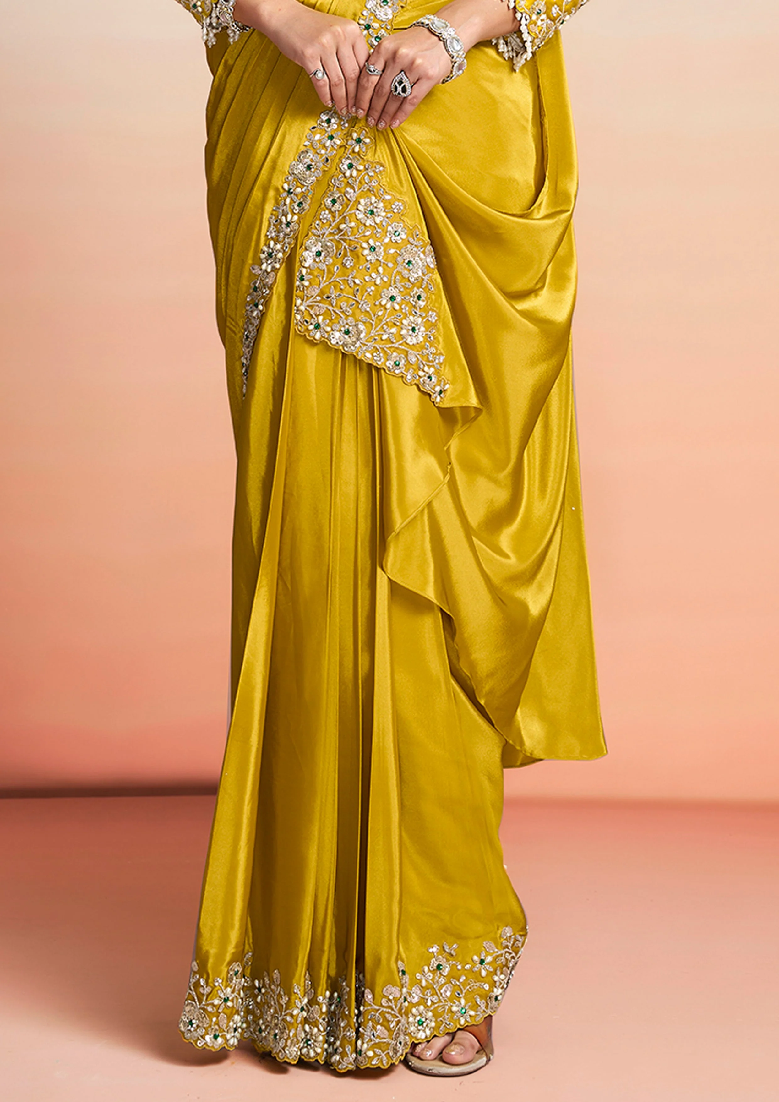 Golden Mustard Embellished Crepe Silk Draped Saree - Image 6