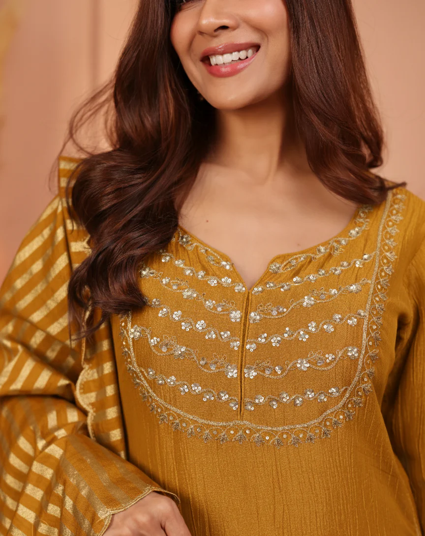 Golden Mustard Embroidered Crushed Tissue Silk Pant Set - Image 2