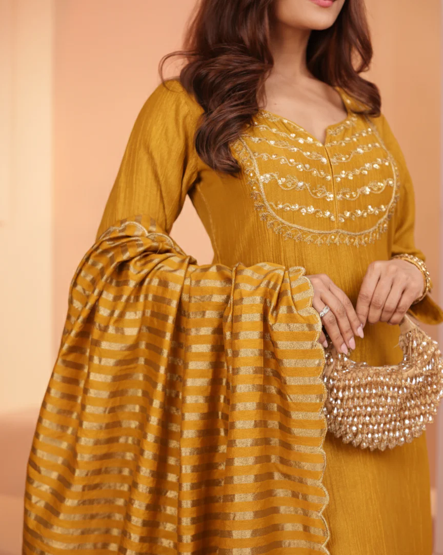Golden Mustard Embroidered Crushed Tissue Silk Pant Set - Image 3