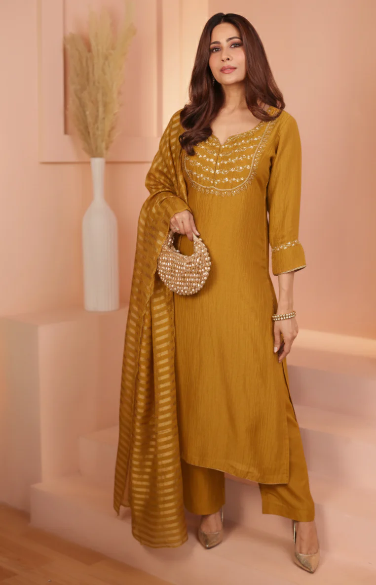 Golden Mustard Embroidered Crushed Tissue Silk Pant Set - Image 4