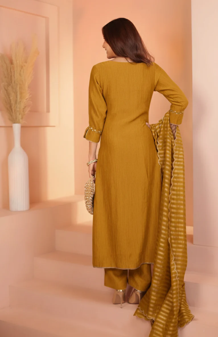 Golden Mustard Embroidered Crushed Tissue Silk Pant Set - Image 6