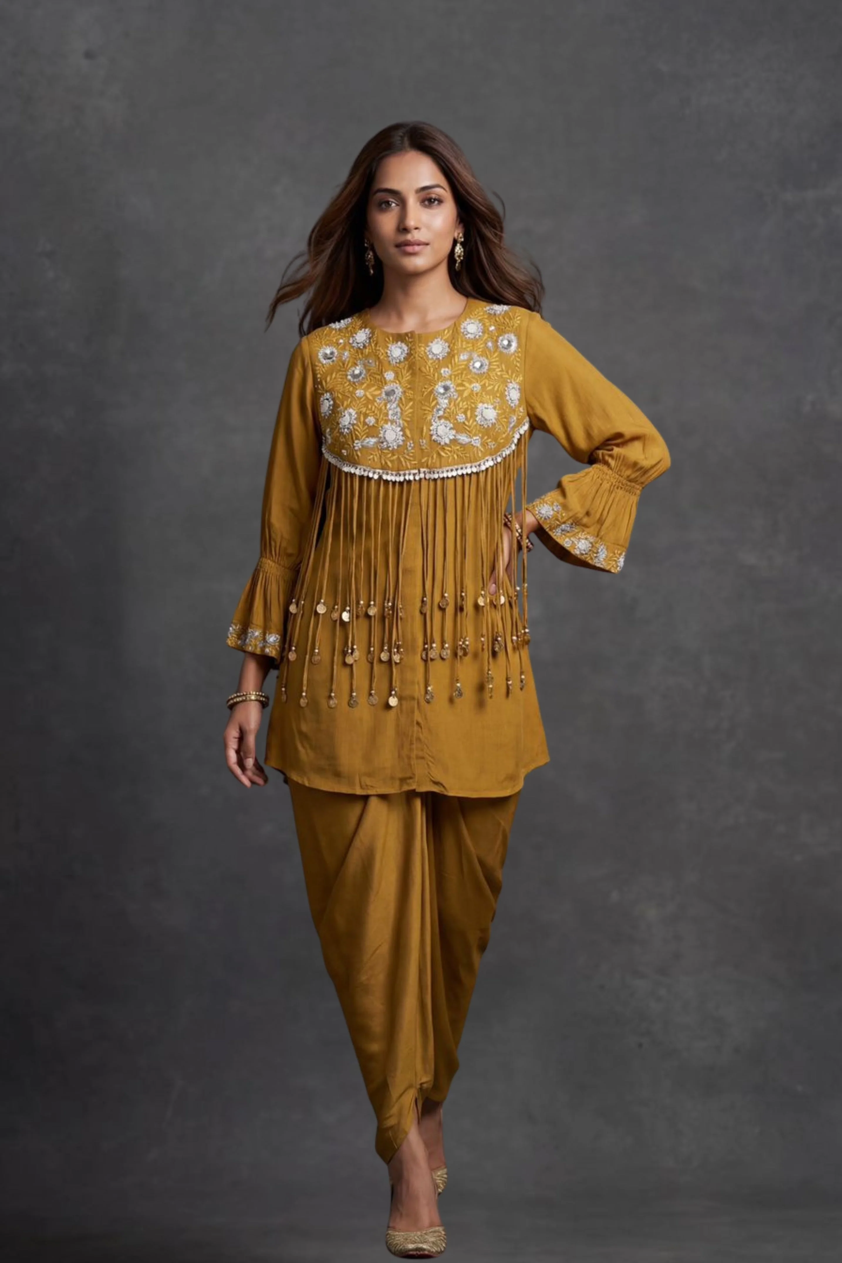 Golden Mustard Emebllished Crepe Silk Drape Skirt Set