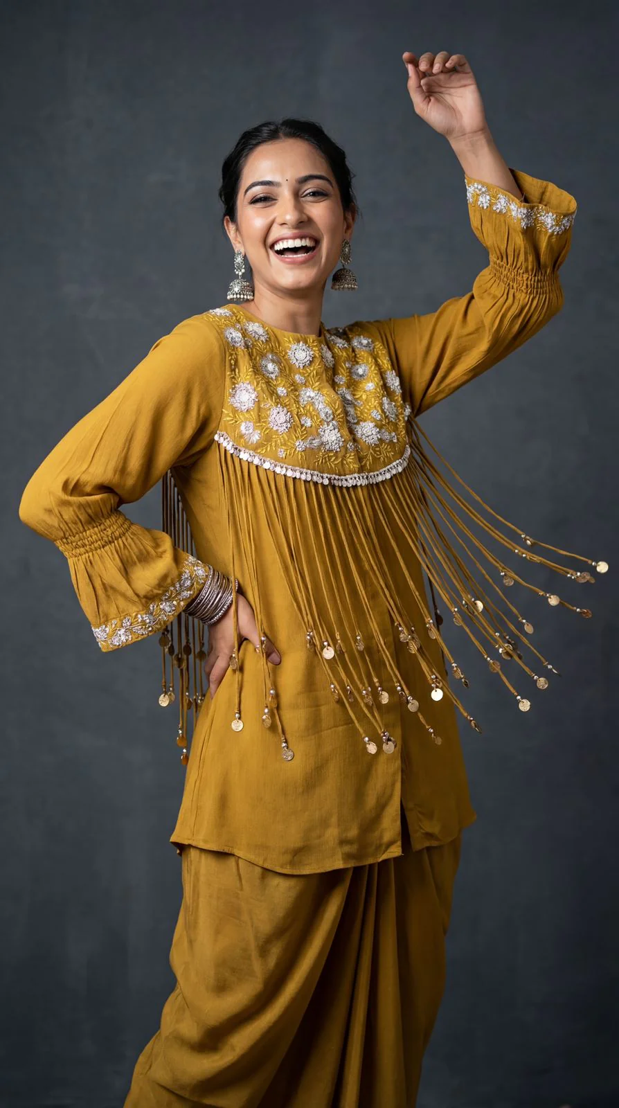 Golden Mustard Emebllished Crepe Silk Drape Skirt Set - Image 2