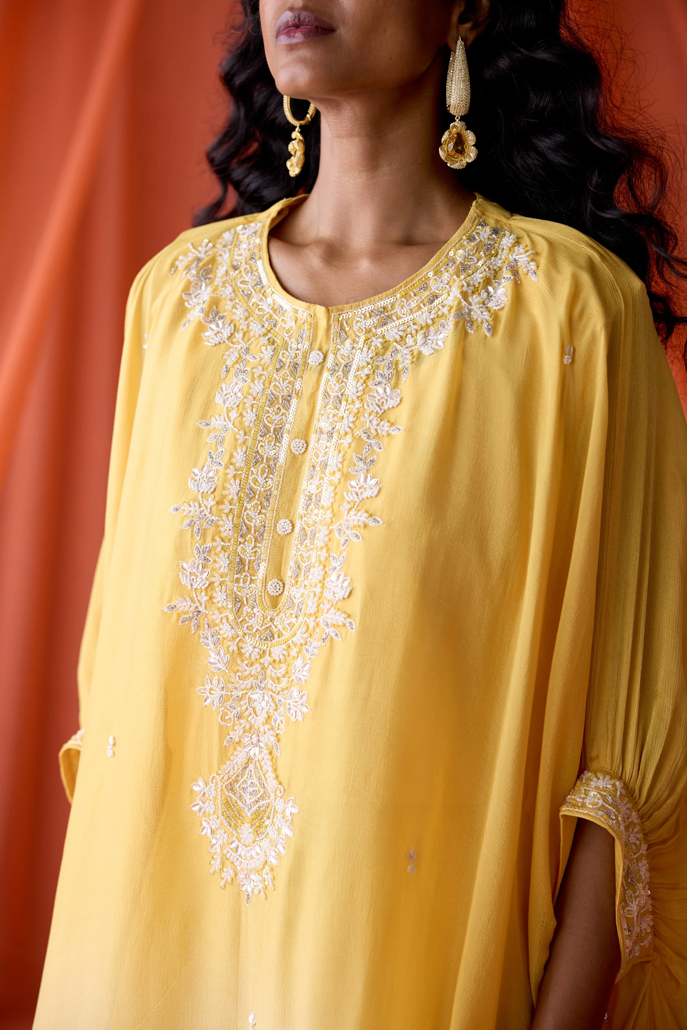 Golden Sunrise Embellished Chinon Silk Kaftan Set - Image 2