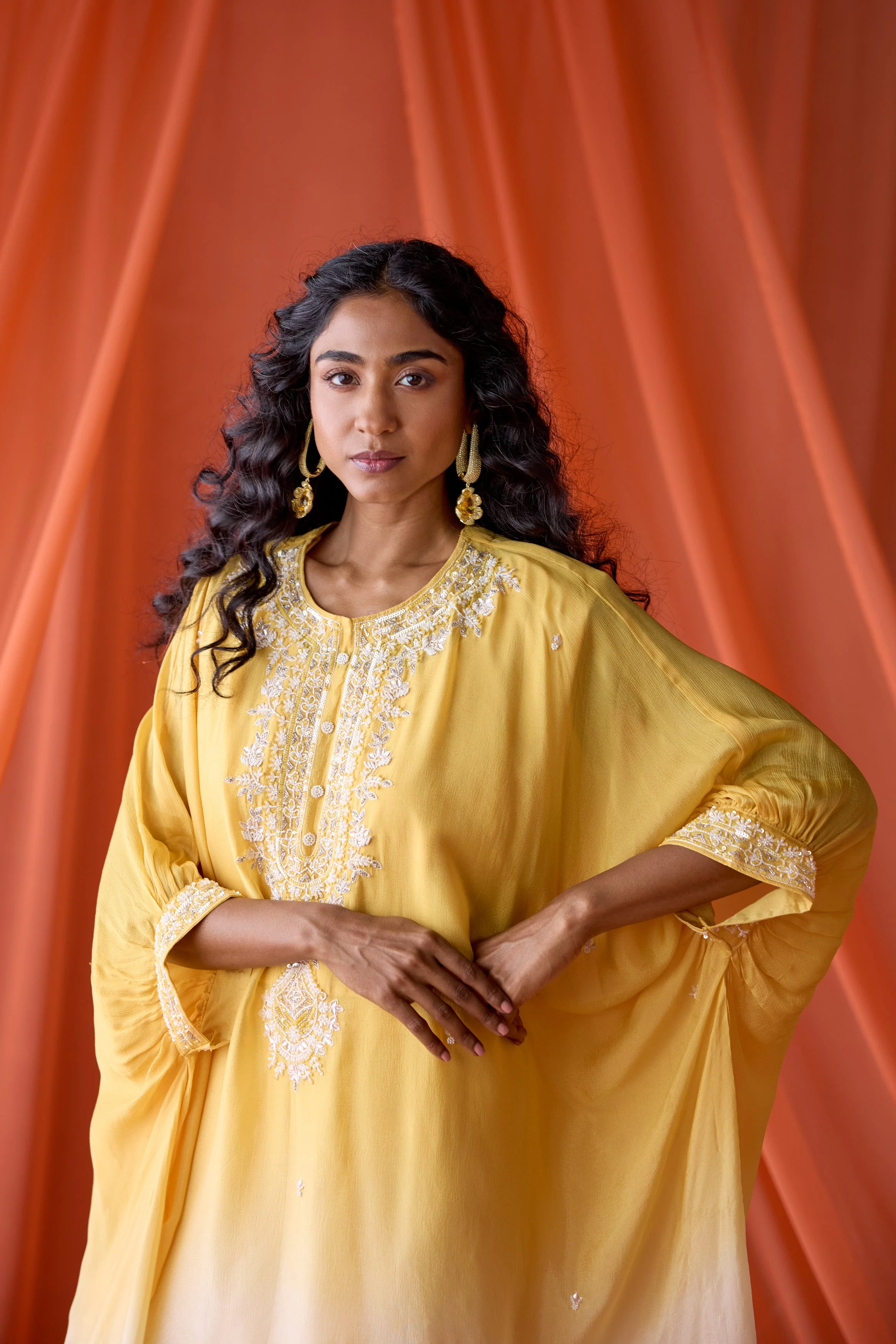 Golden Sunrise Embellished Chinon Silk Kaftan Set - Image 3