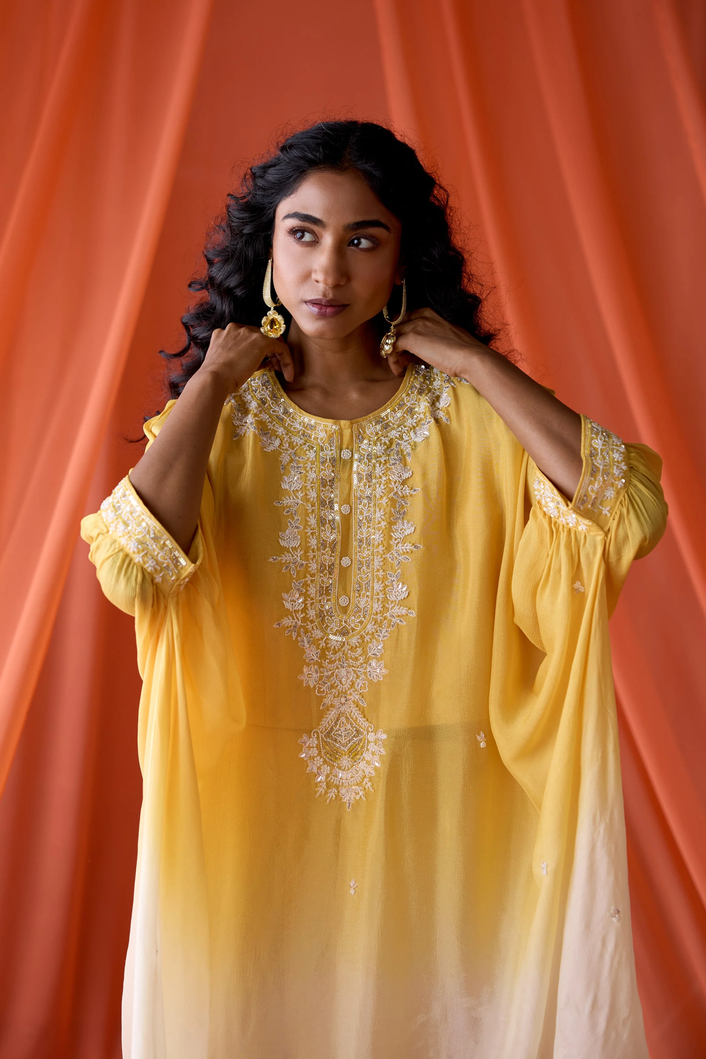 Golden Sunrise Embellished Chinon Silk Kaftan Set - Image 4