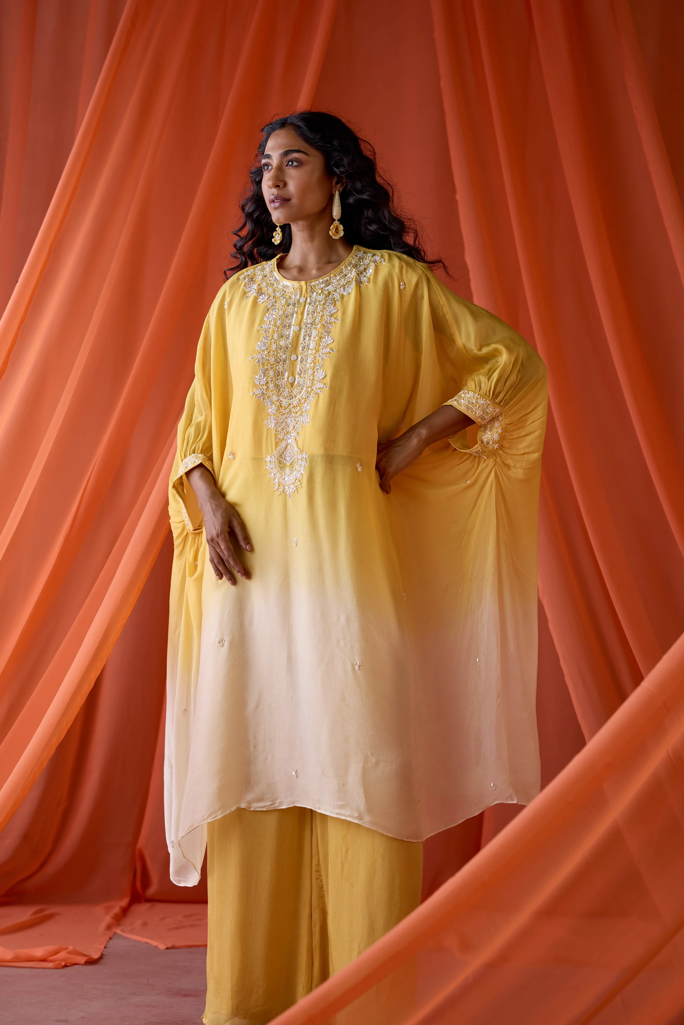 Golden Sunrise Embellished Chinon Silk Kaftan Set - Image 5