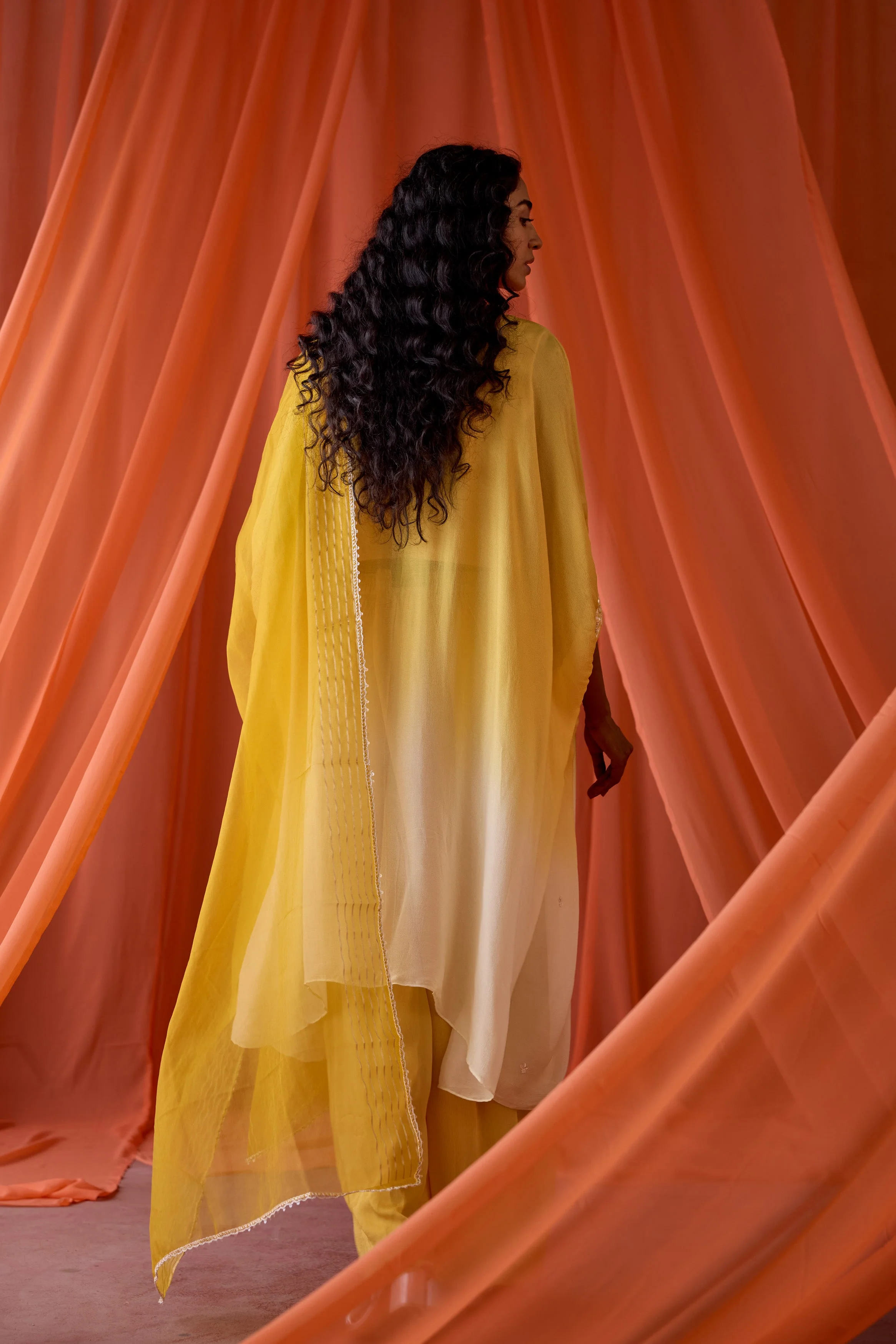Golden Sunrise Embellished Chinon Silk Kaftan Set - Image 6