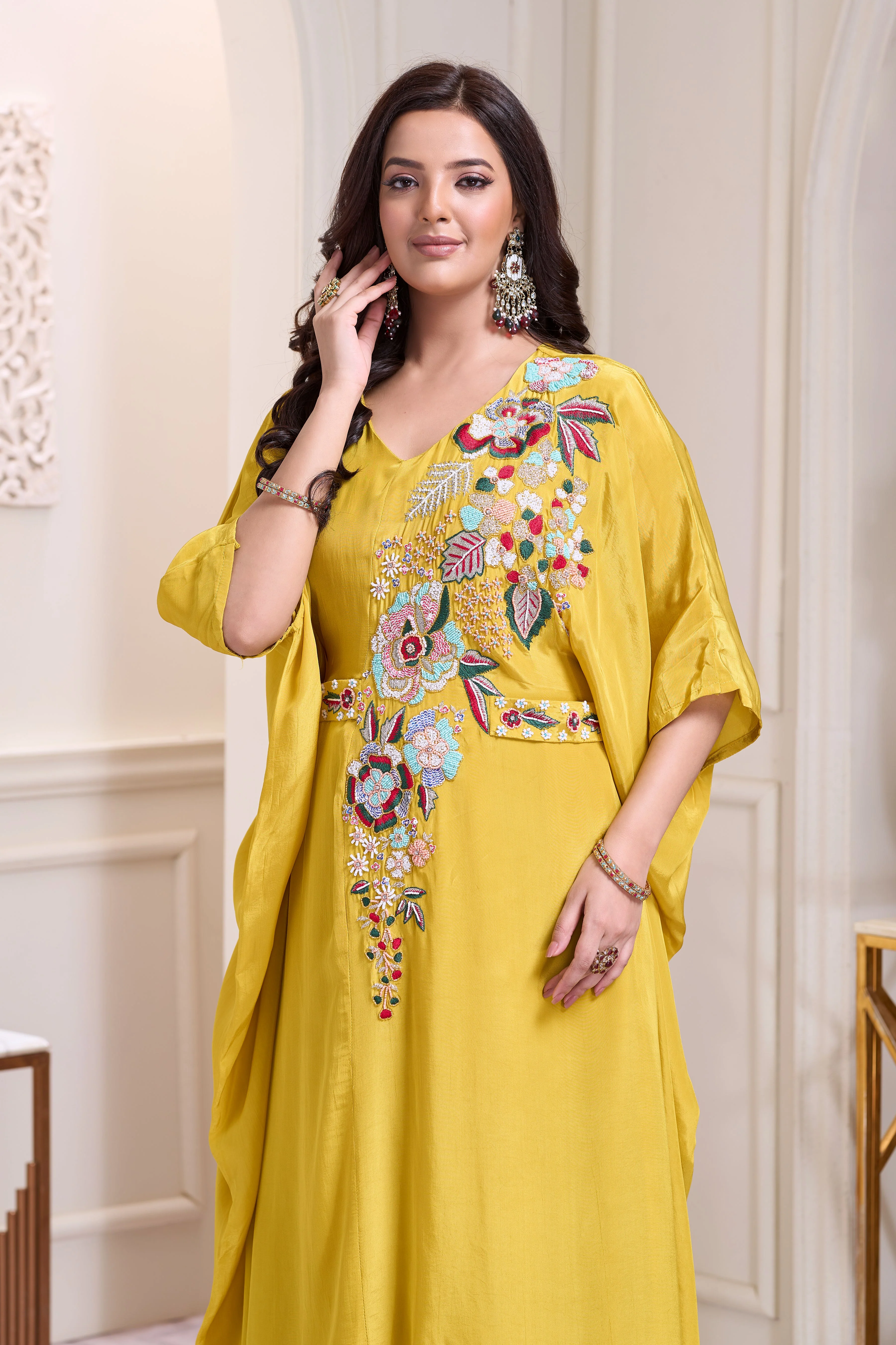 Golden Yellow Embellished Chinon Silk Kaftan Set - Image 2