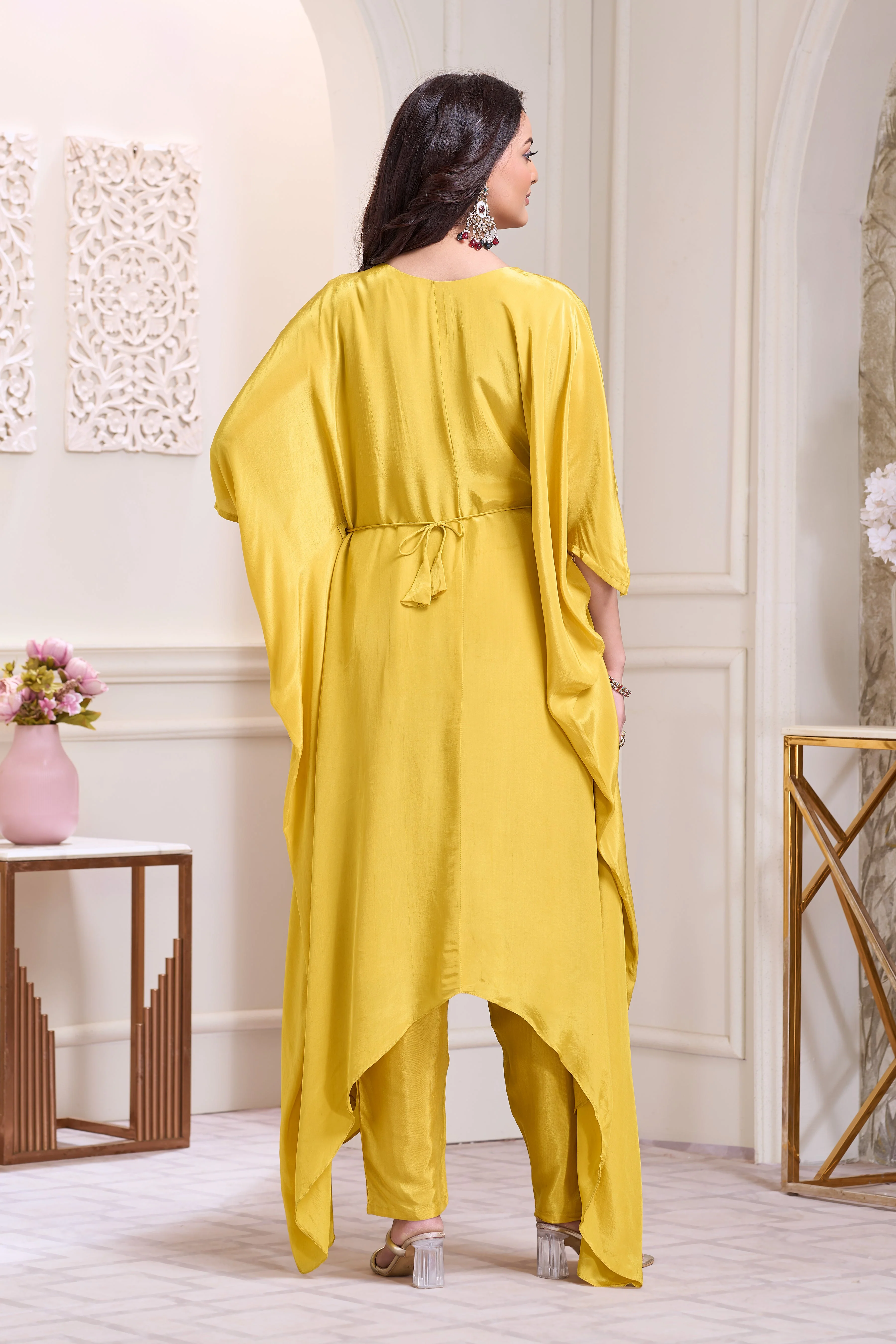 Golden Yellow Embellished Chinon Silk Kaftan Set - Image 3