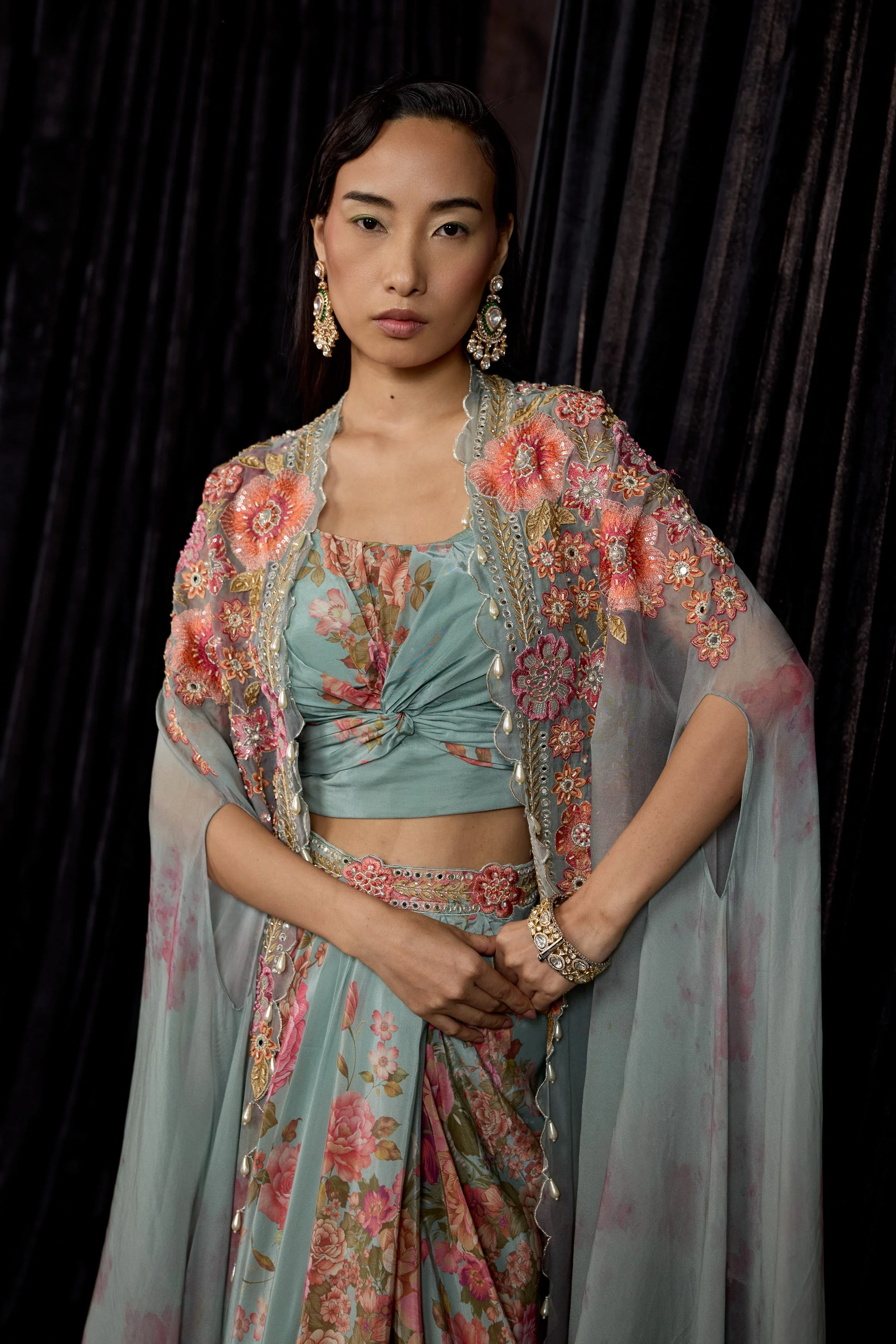 Dusty Blue Embellished Crepe Silk Drape Skirt Set - Image 2
