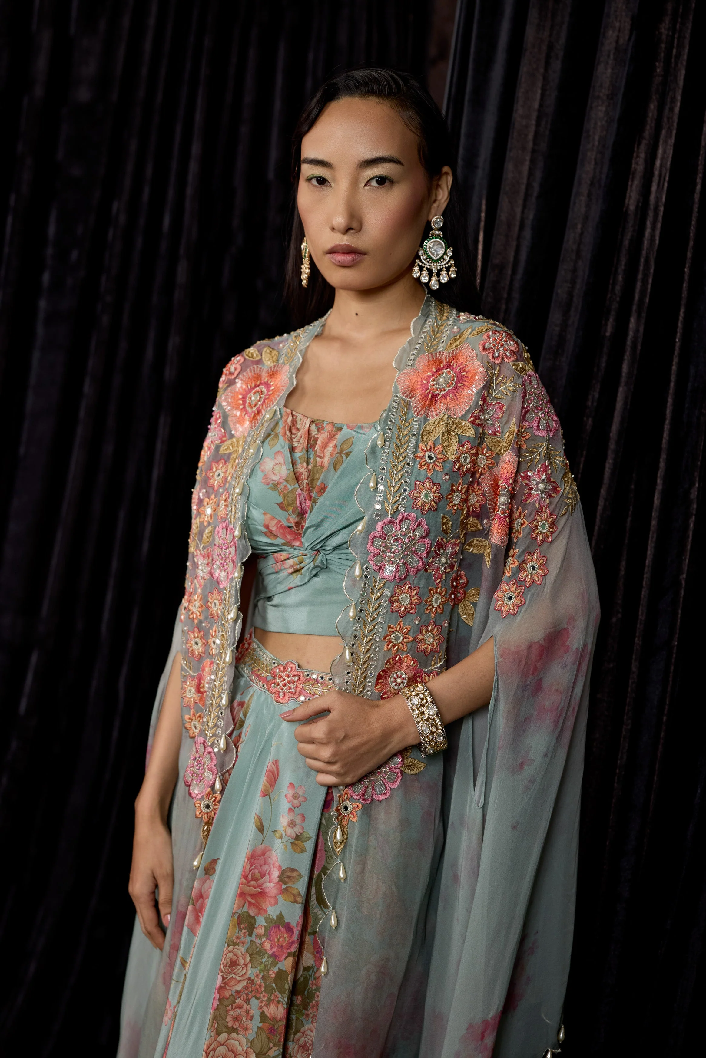 Dusty Blue Embellished Crepe Silk Drape Skirt Set - Image 3