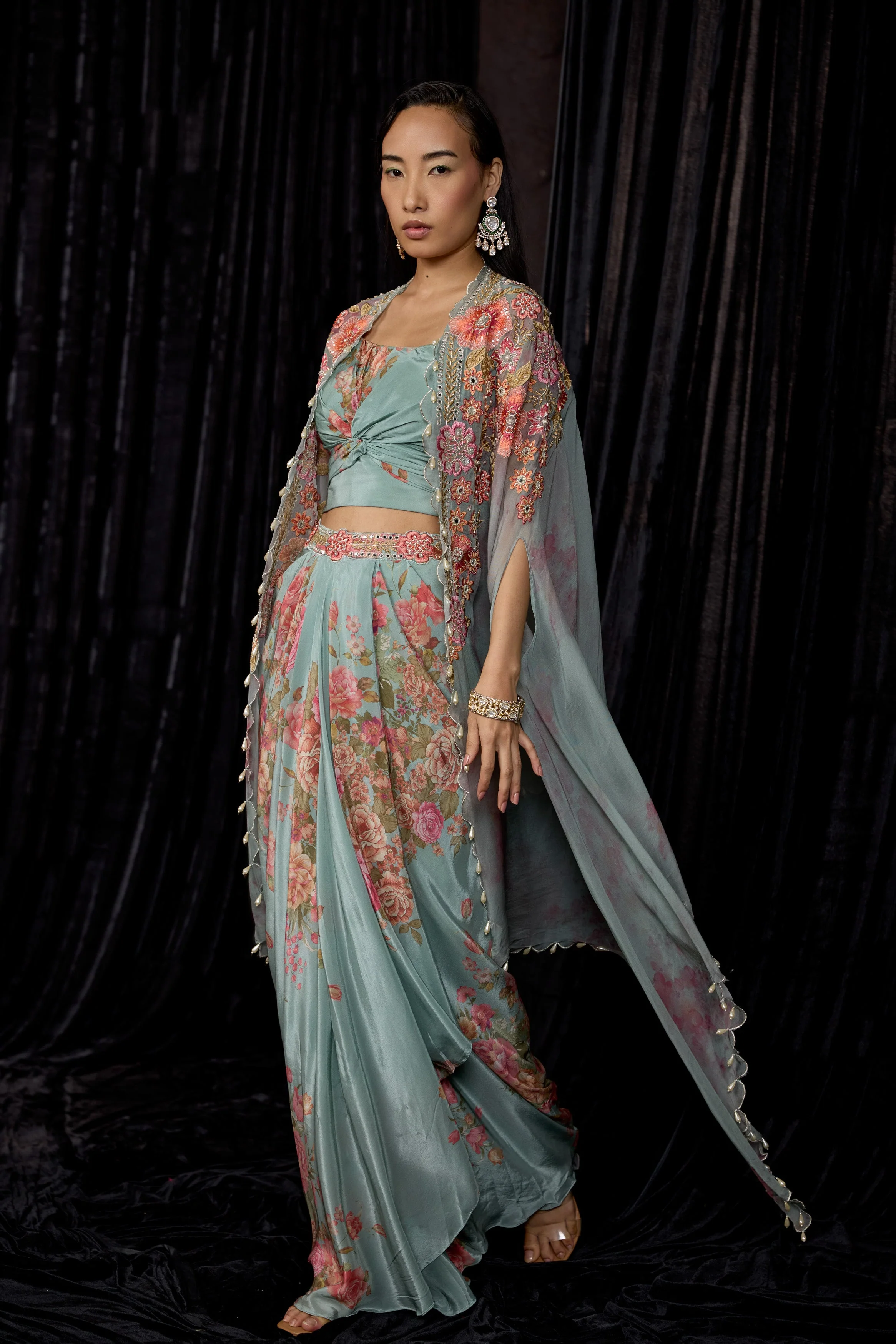 Dusty Blue Embellished Crepe Silk Drape Skirt Set - Image 4