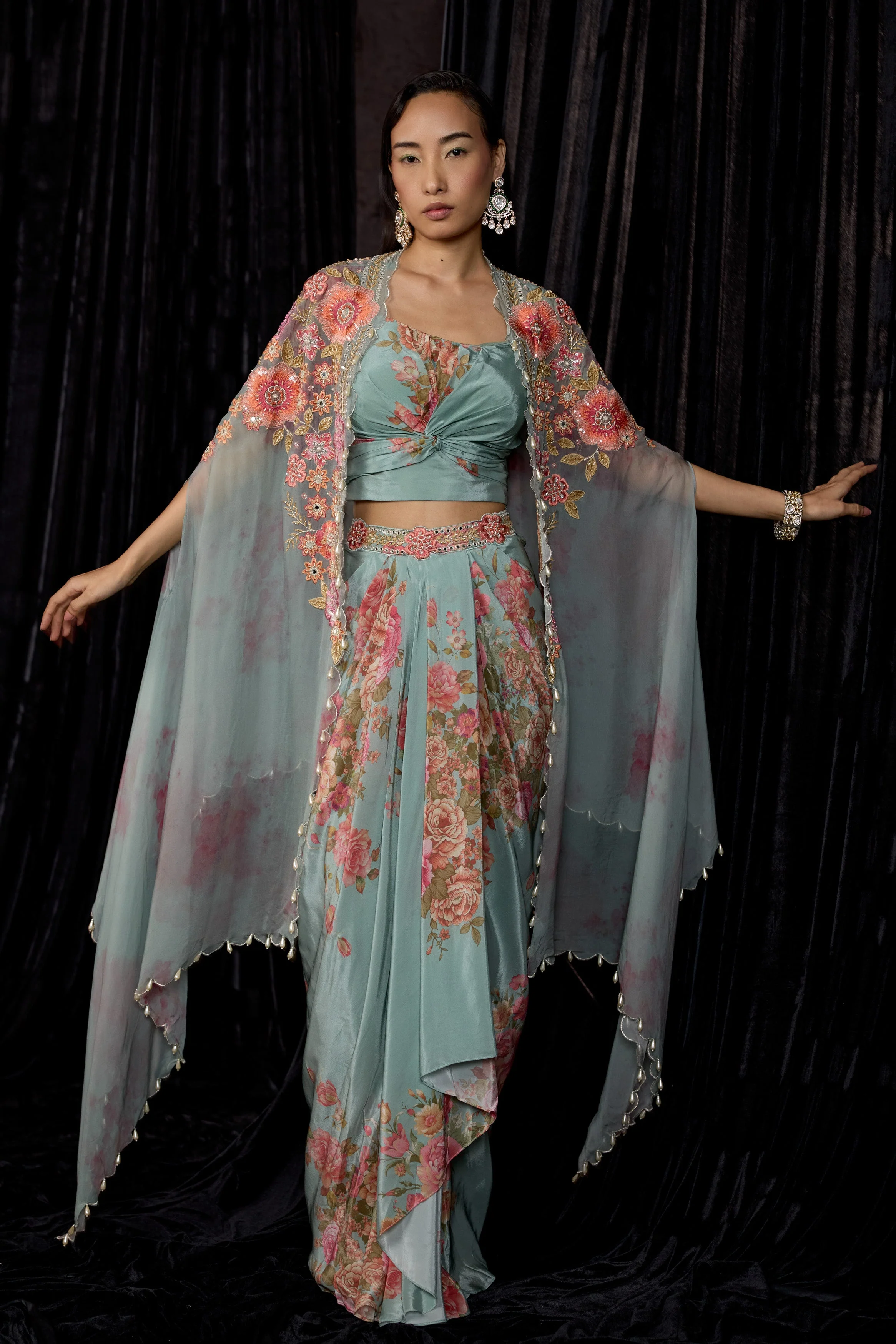 Dusty Blue Embellished Crepe Silk Drape Skirt Set - Image 5