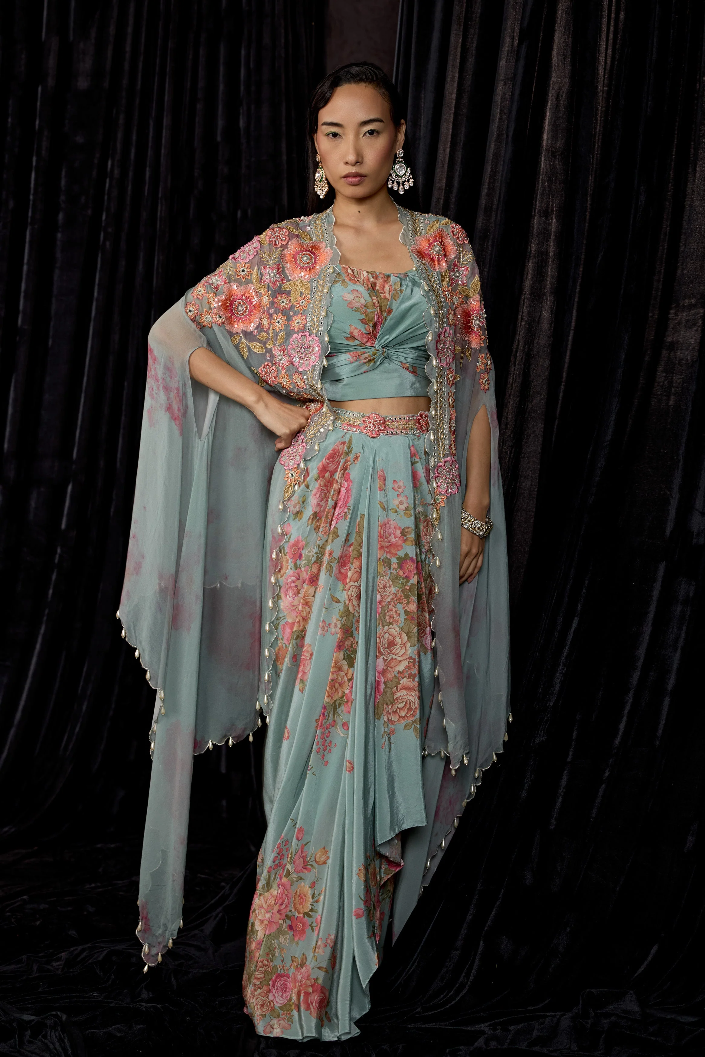 Dusty Blue Embellished Crepe Silk Drape Skirt Set - Image 6
