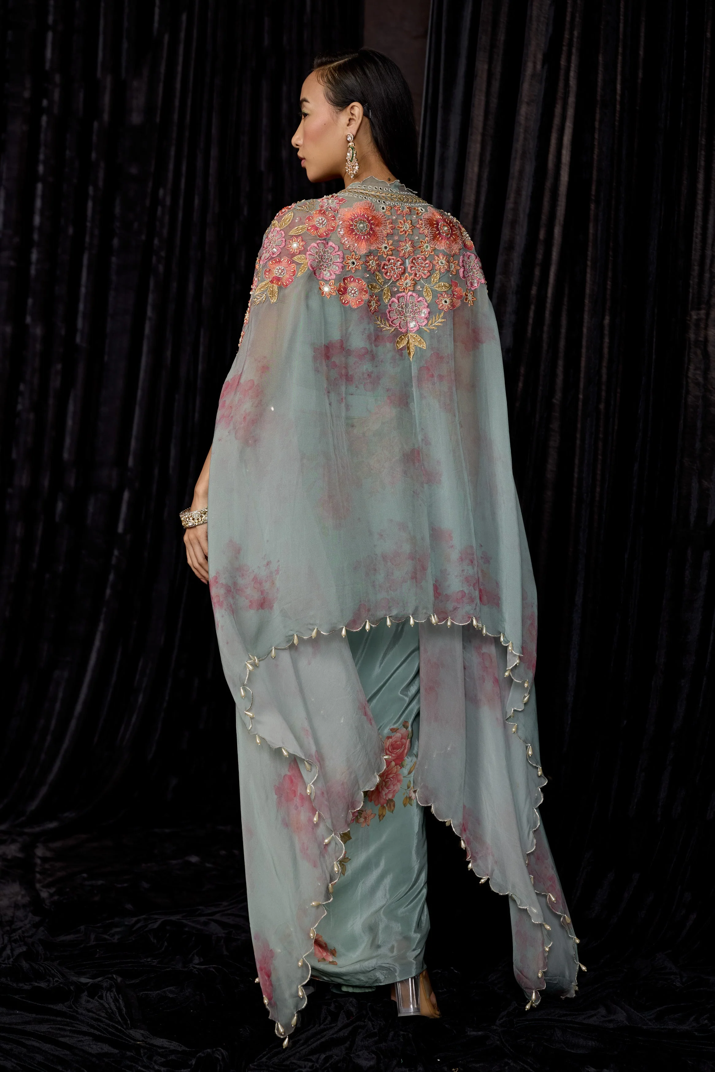 Dusty Blue Embellished Crepe Silk Drape Skirt Set - Image 7