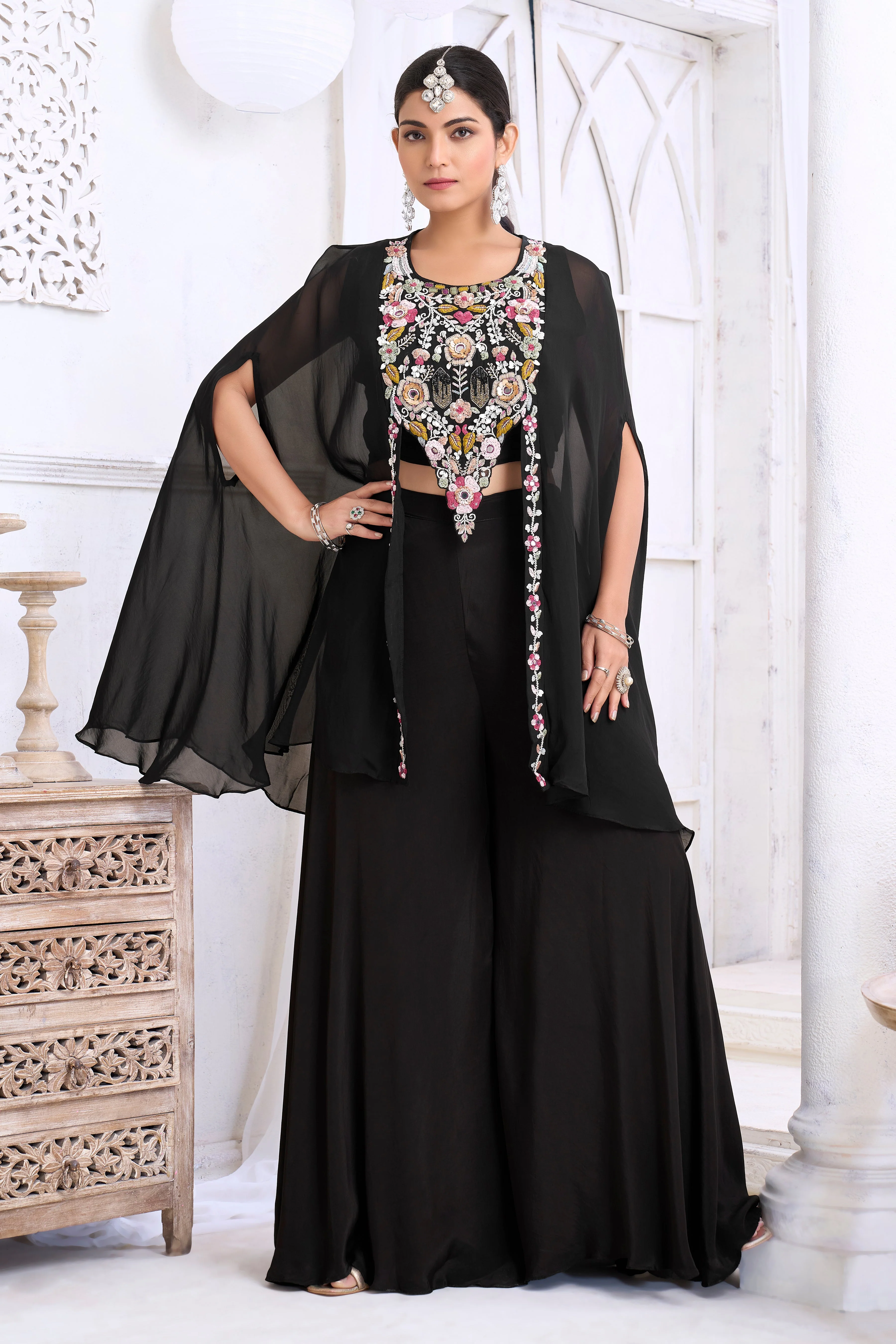 Classic Black Embellished Crepe Silk Palazzo Set