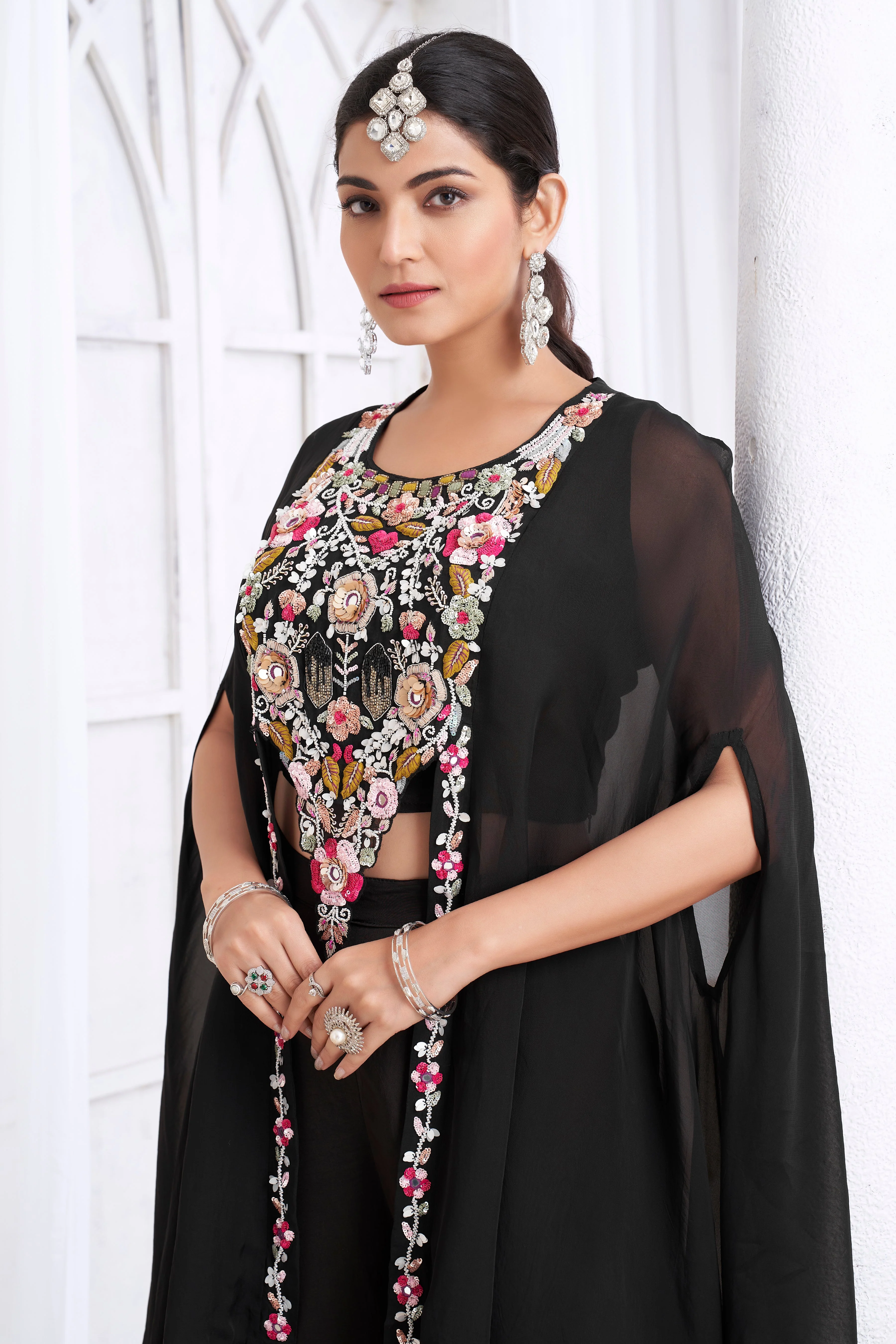 Classic Black Embellished Crepe Silk Palazzo Set - Image 2