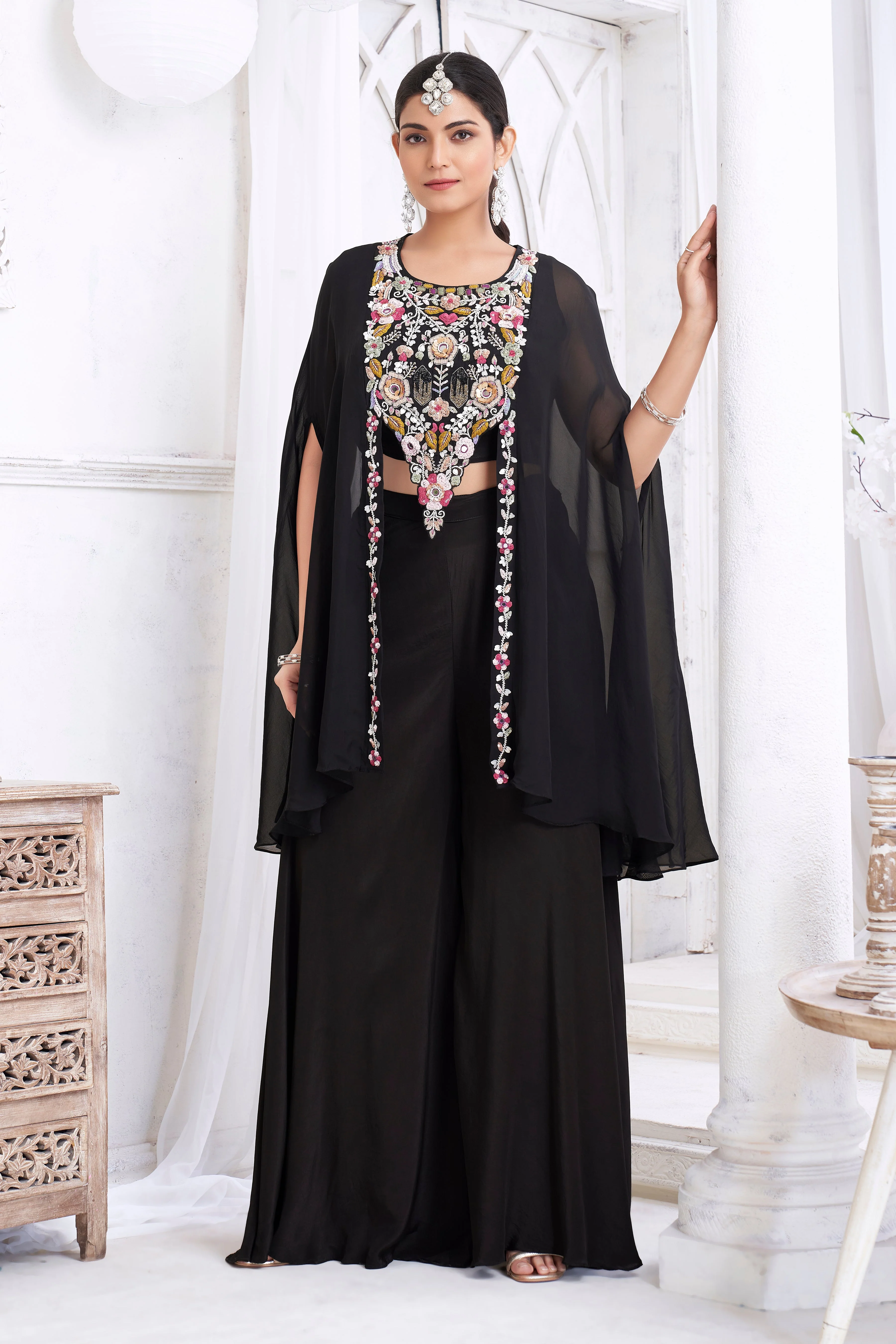 Classic Black Embellished Crepe Silk Palazzo Set - Image 3
