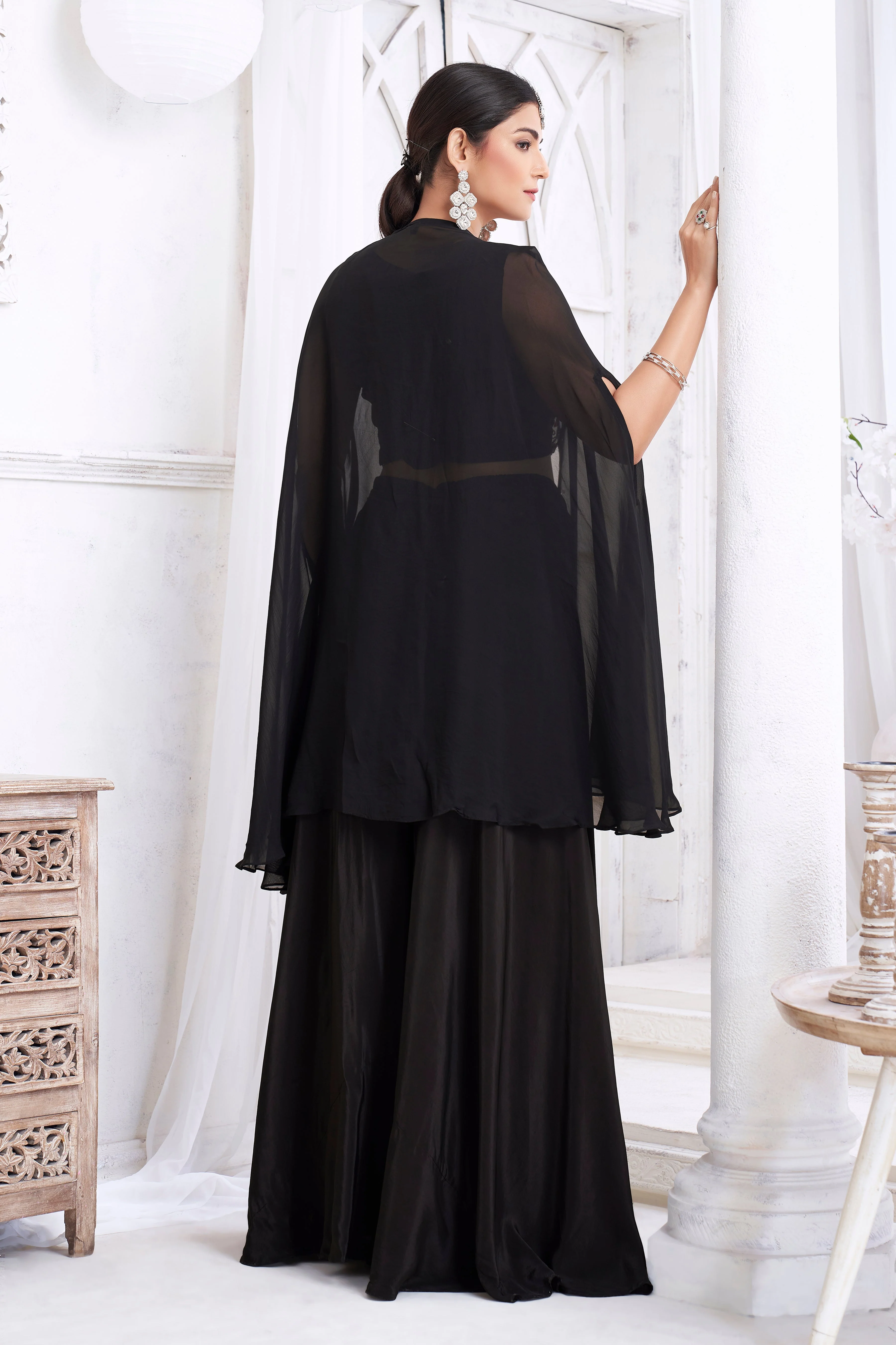 Classic Black Embellished Crepe Silk Palazzo Set - Image 4