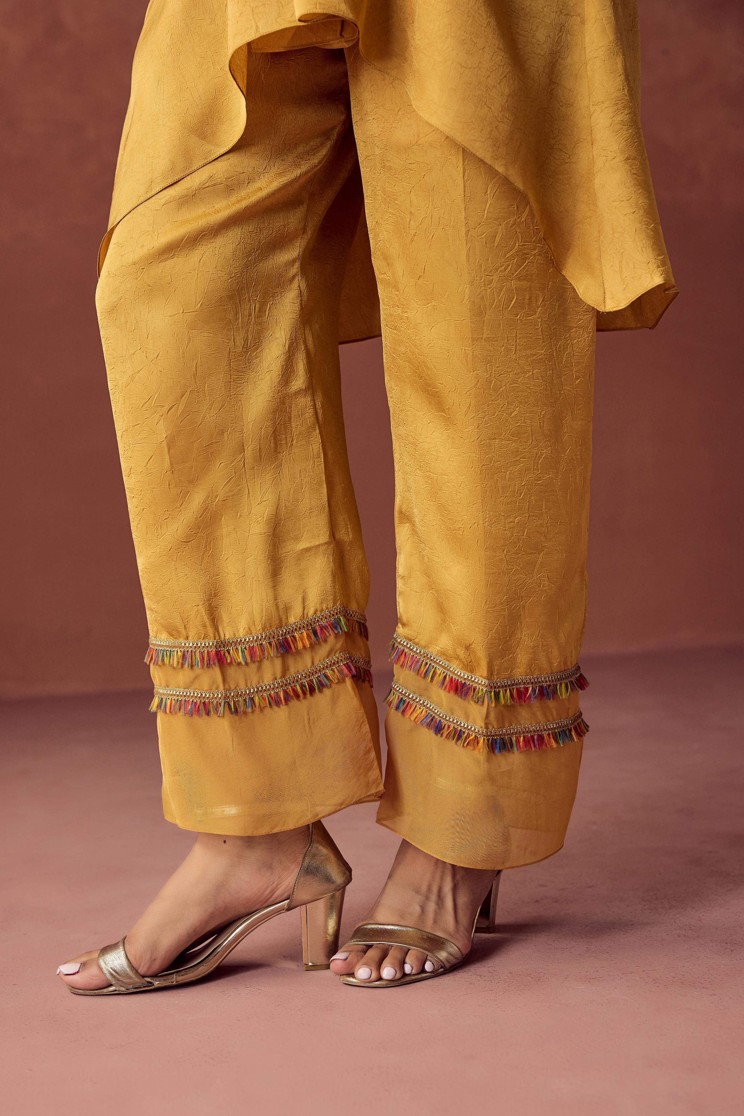 Golden Yellow Embellished Crushed Silk Palazzo Set - Image 3