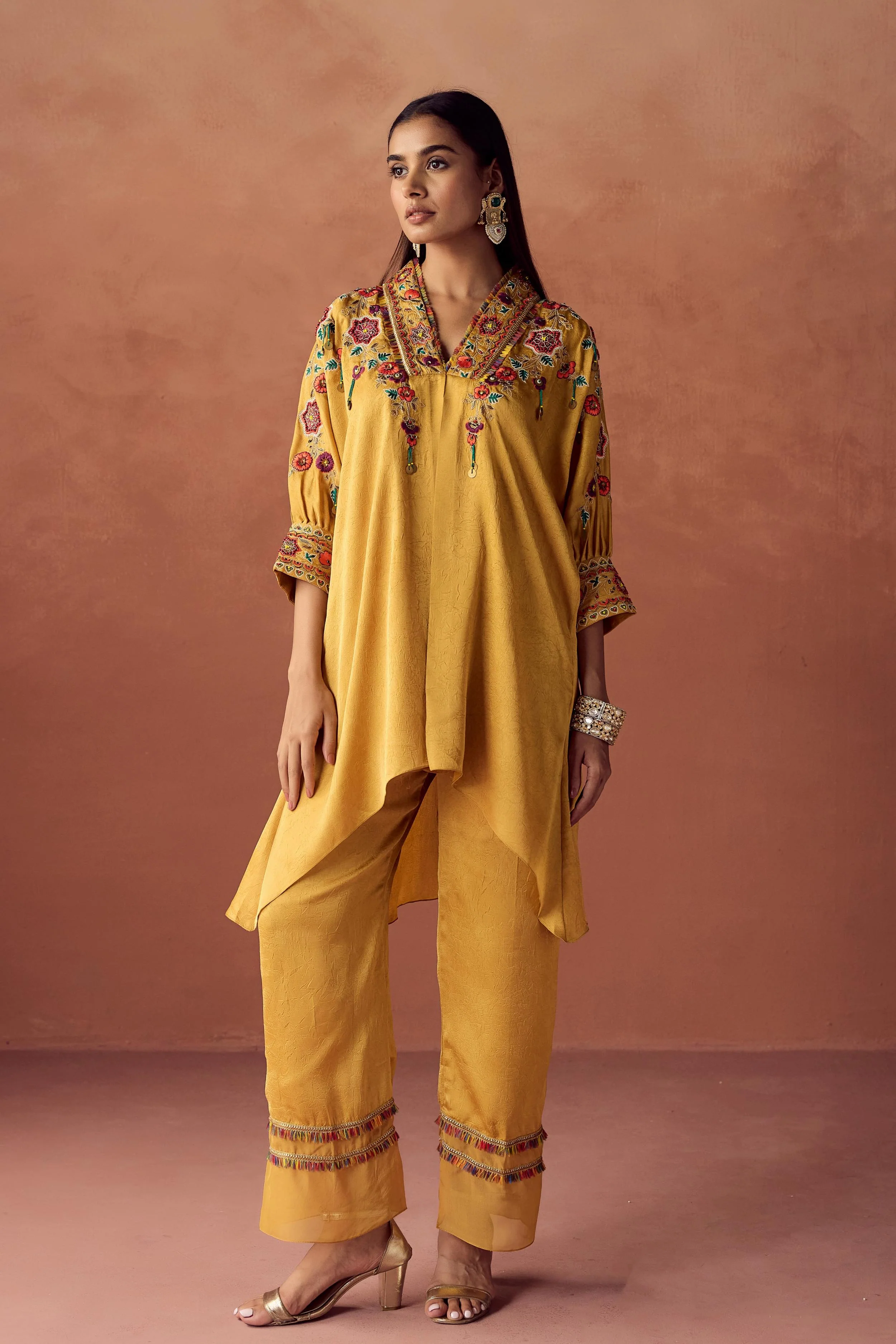 Golden Yellow Embellished Crushed Silk Palazzo Set - Image 4