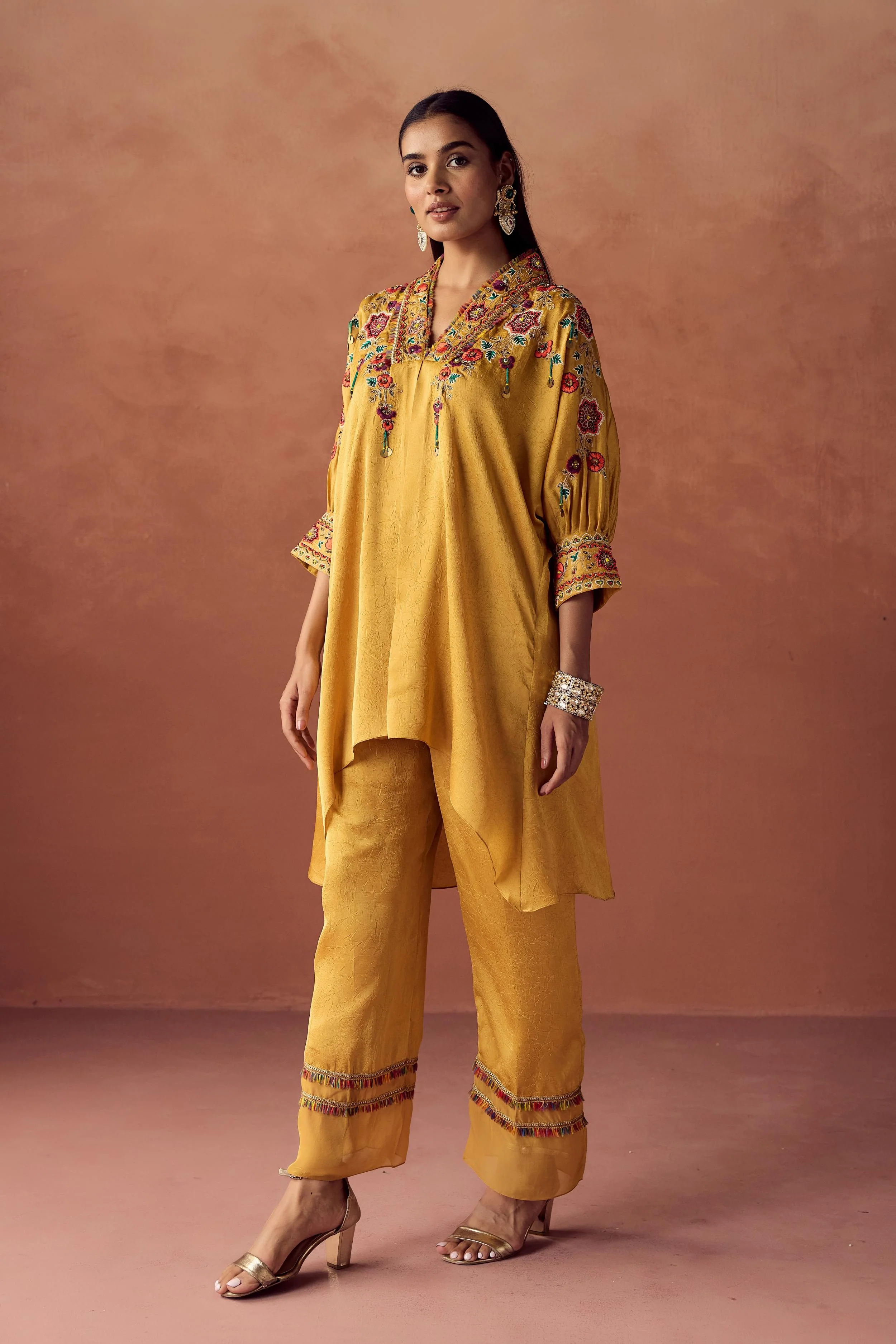 Golden Yellow Embellished Crushed Silk Palazzo Set - Image 5