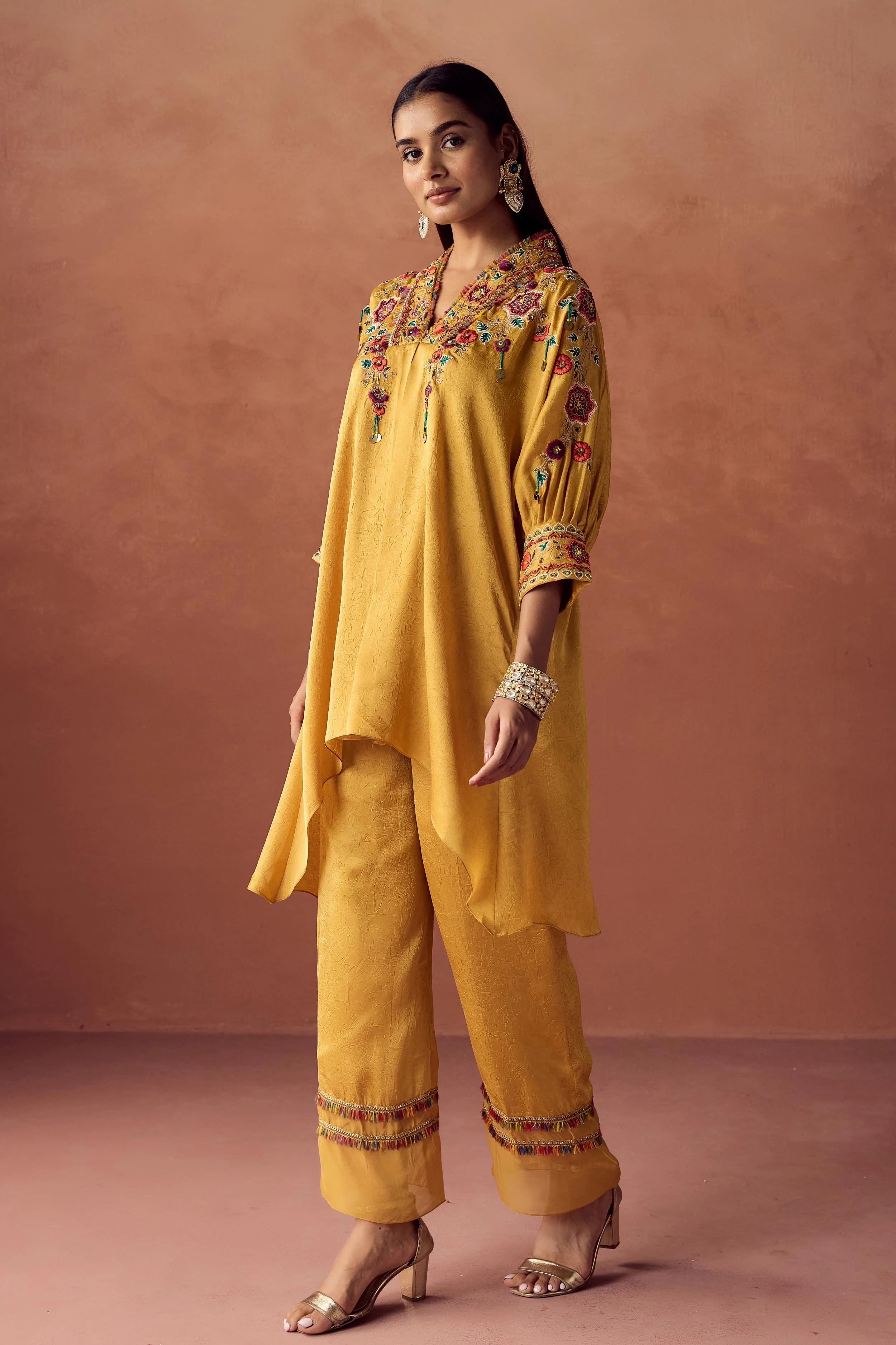 Golden Yellow Embellished Crushed Silk Palazzo Set - Image 6