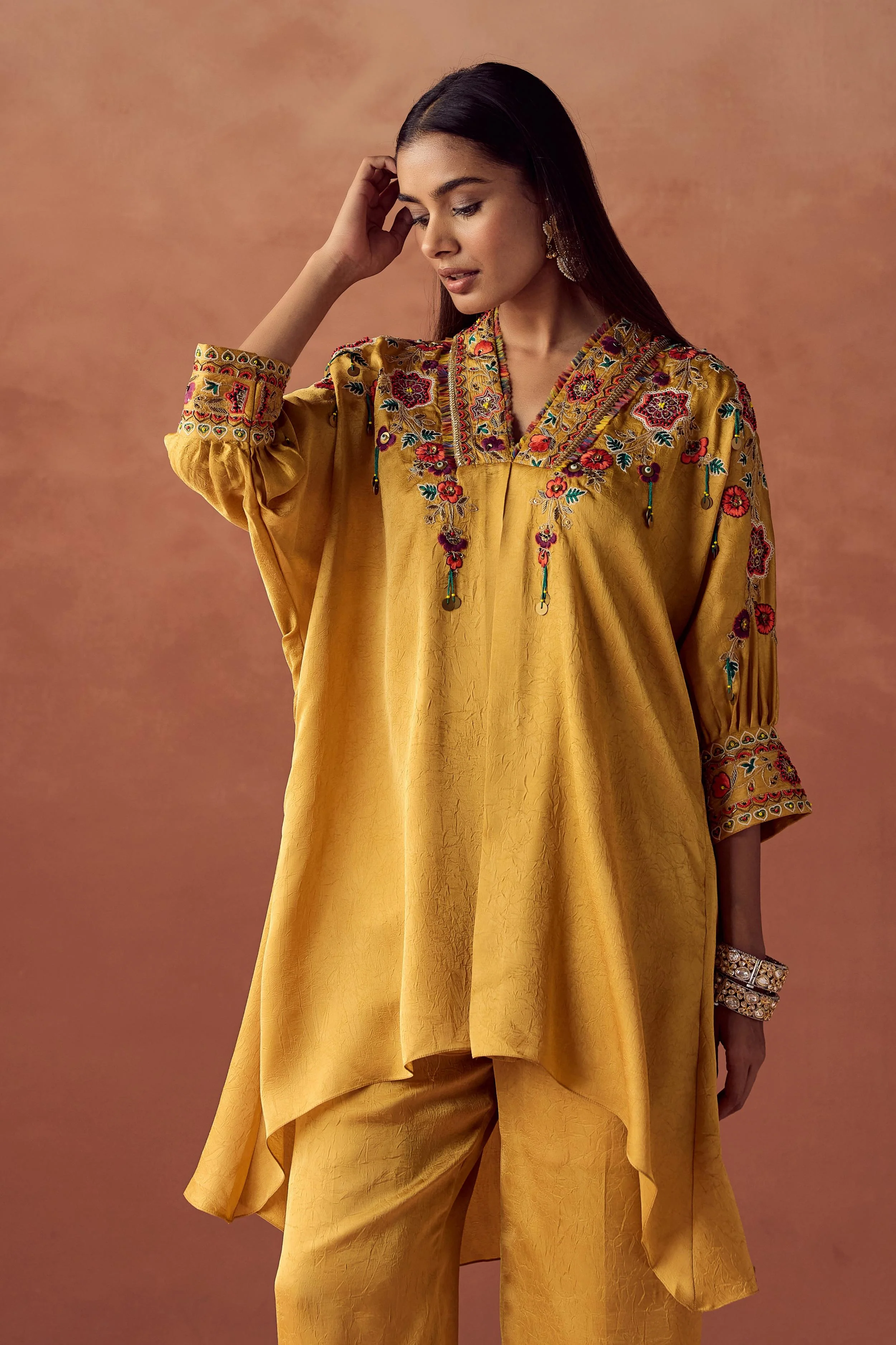 Golden Yellow Embellished Crushed Silk Palazzo Set - Image 7