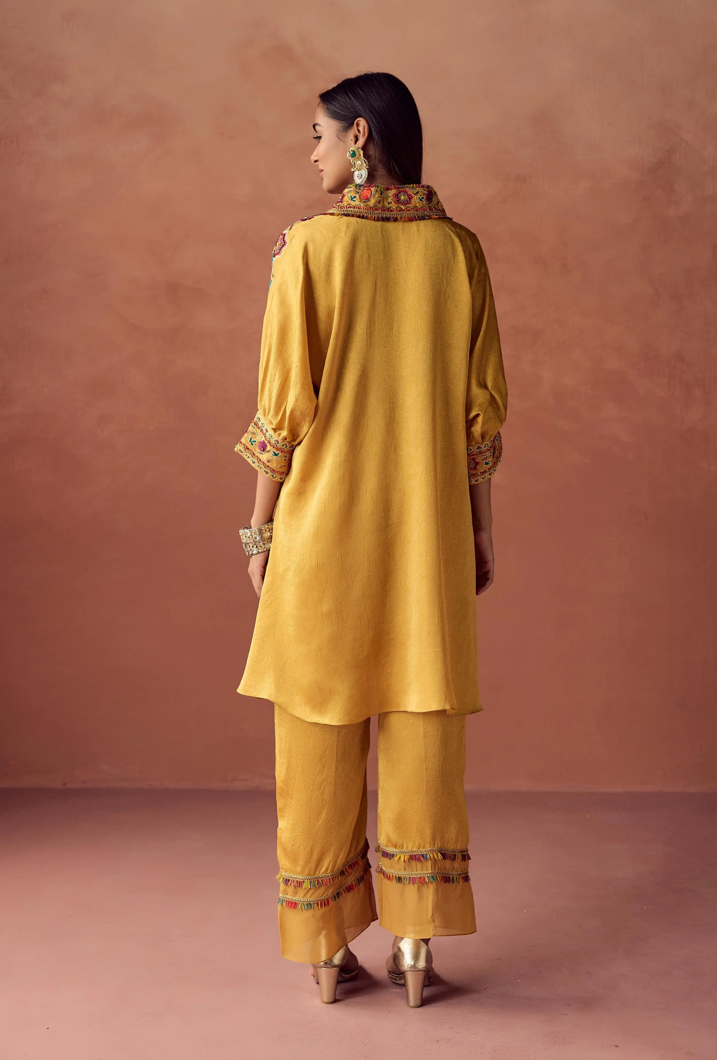 Golden Yellow Embellished Crushed Silk Palazzo Set - Image 8
