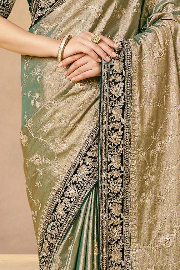 Sage Green Embellished Kora Silk Saree - Image 3