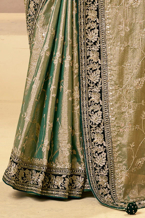 Sage Green Embellished Kora Silk Saree - Image 4