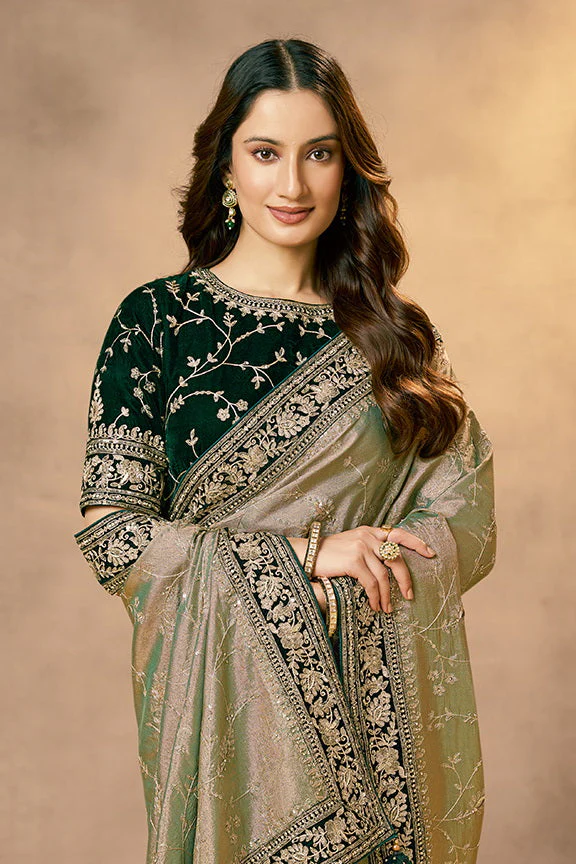 Sage Green Embellished Kora Silk Saree - Image 5