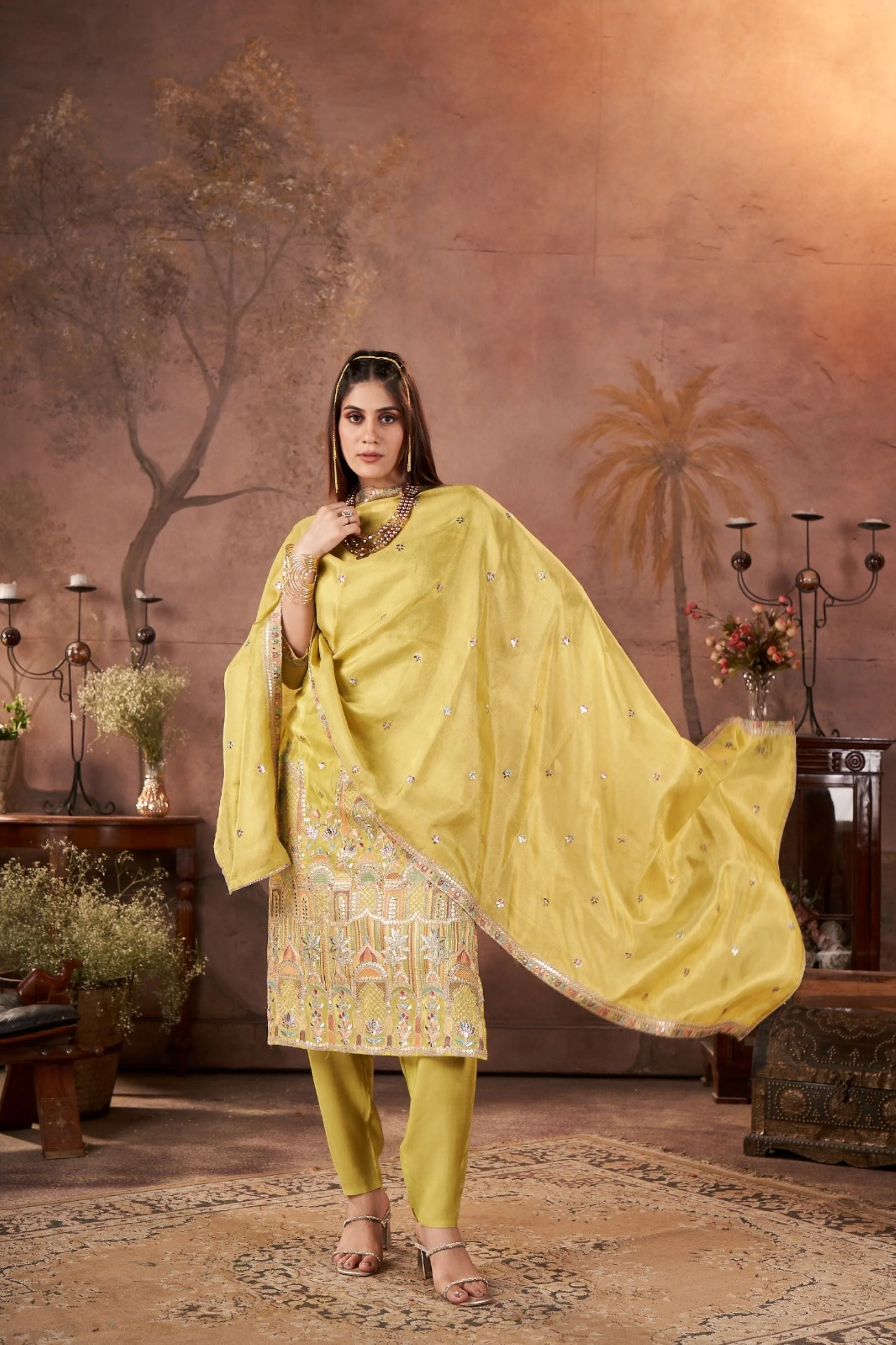 Pear Green Embellished Glass Tissue Silk Kurta Pant Set - Image 3
