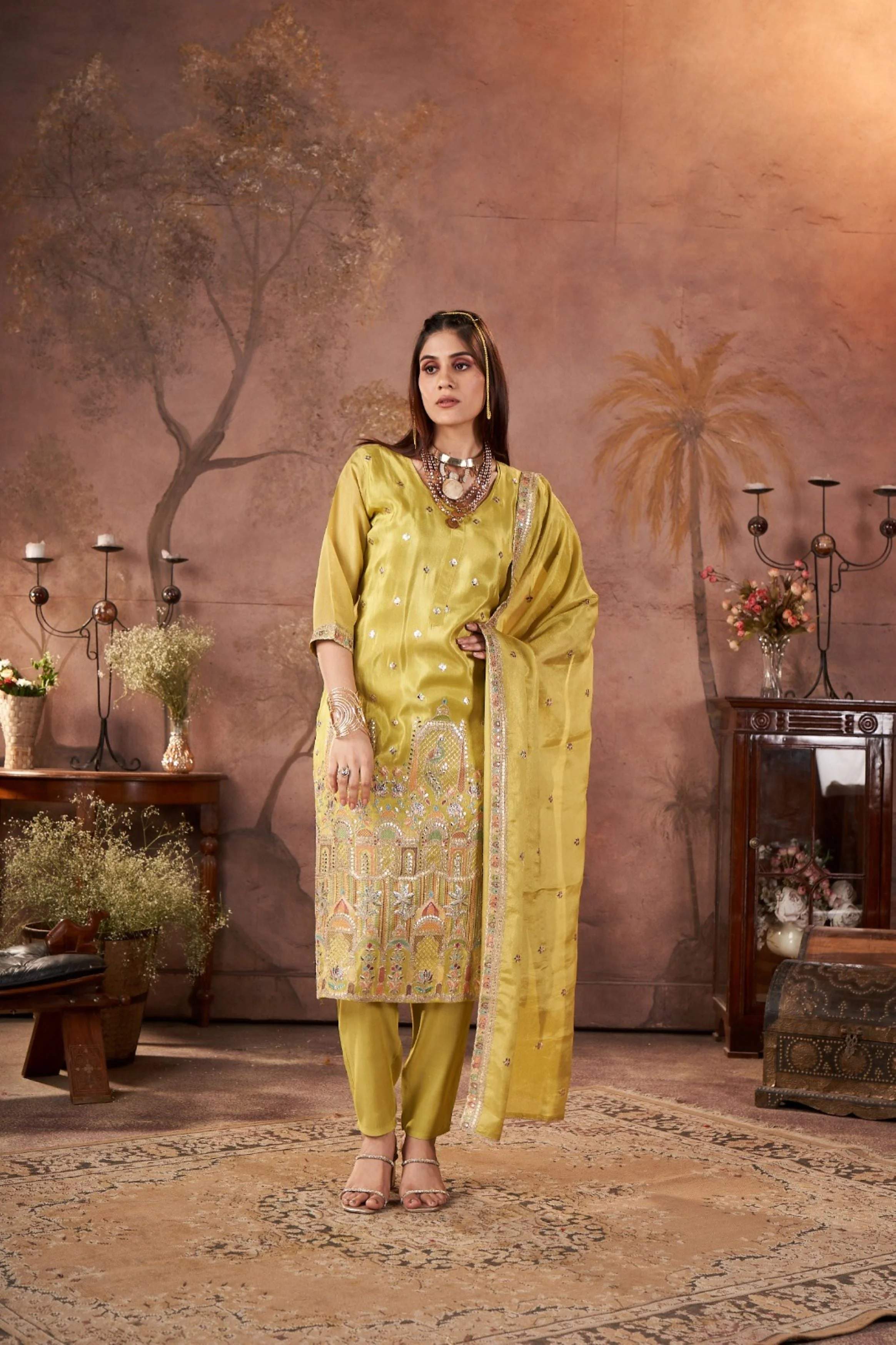Pear Green Embellished Glass Tissue Silk Kurta Pant Set - Image 4