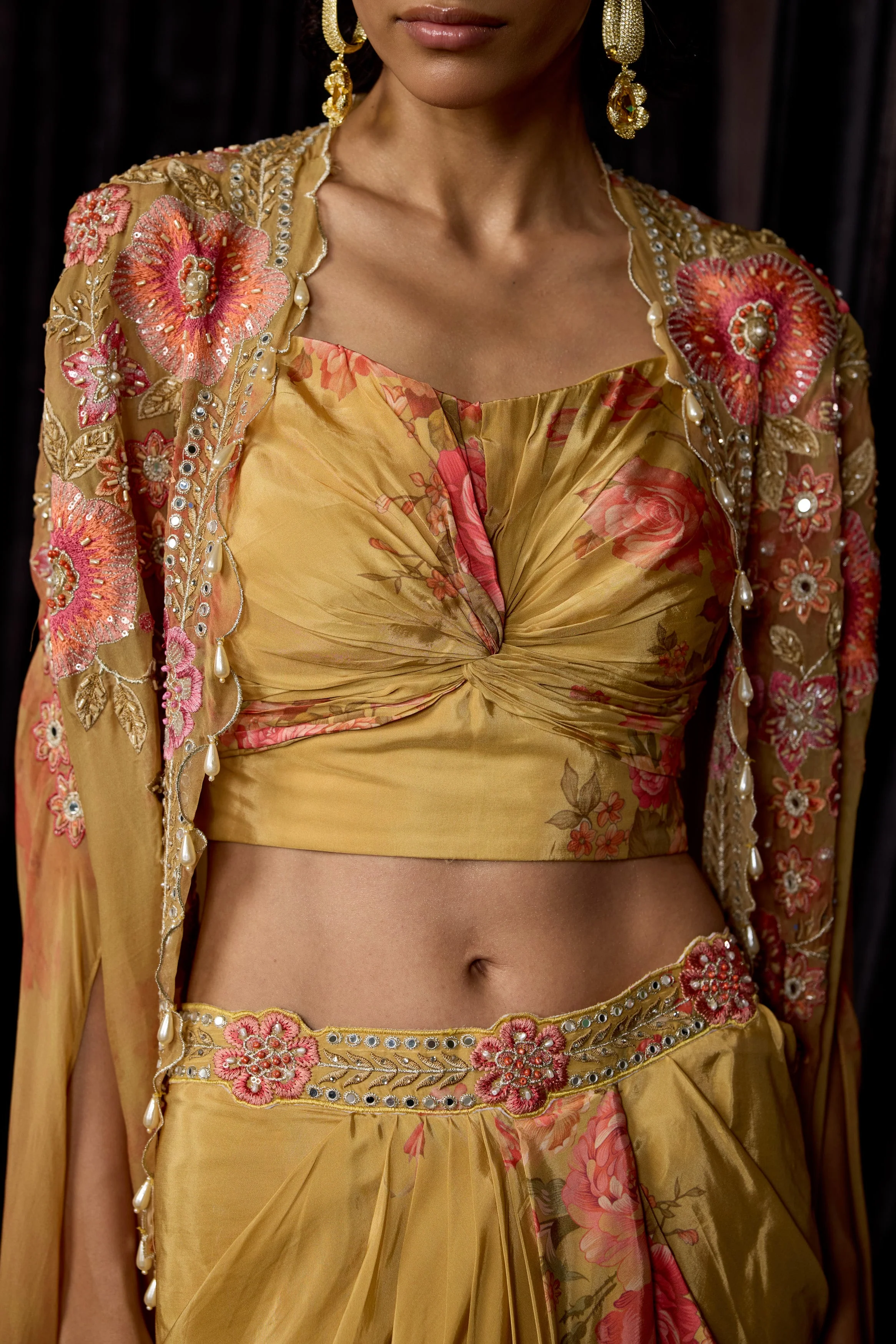 Golden Yellow Embellished Crepe Silk Drape Skirt Set - Image 2