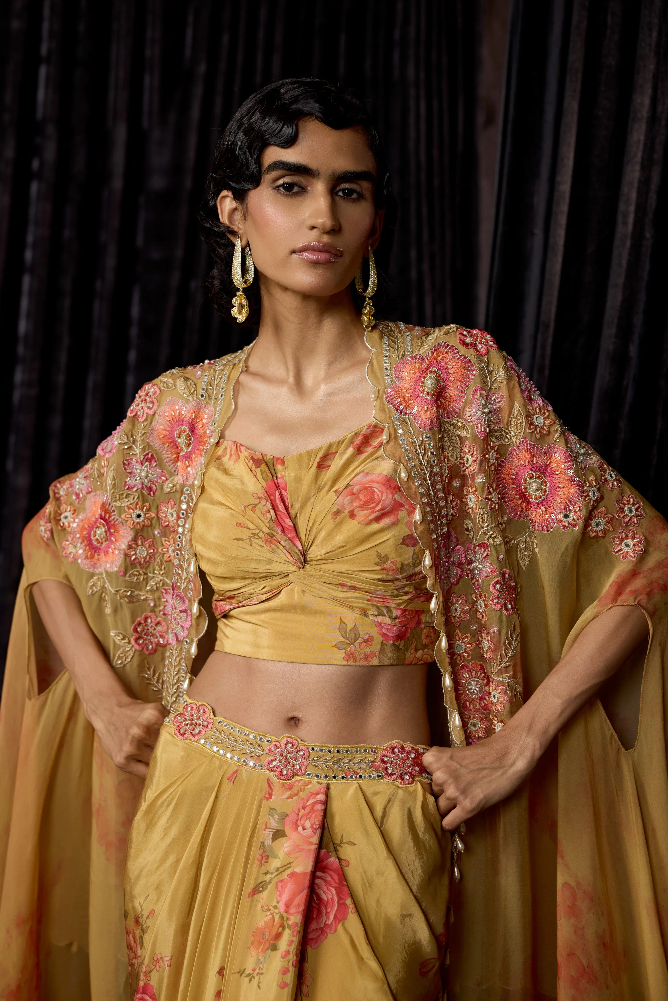 Golden Yellow Embellished Crepe Silk Drape Skirt Set - Image 3