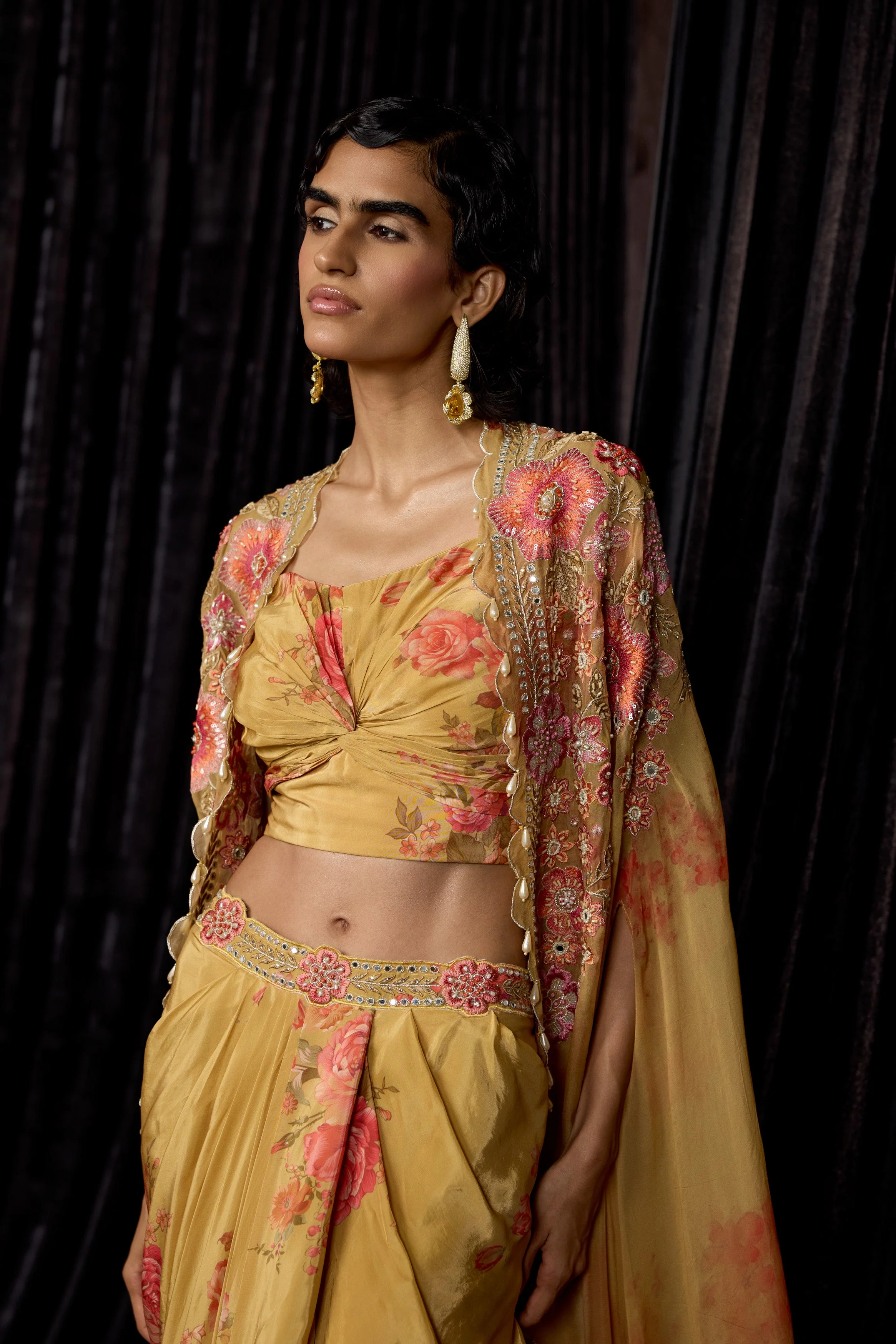Golden Yellow Embellished Crepe Silk Drape Skirt Set - Image 4