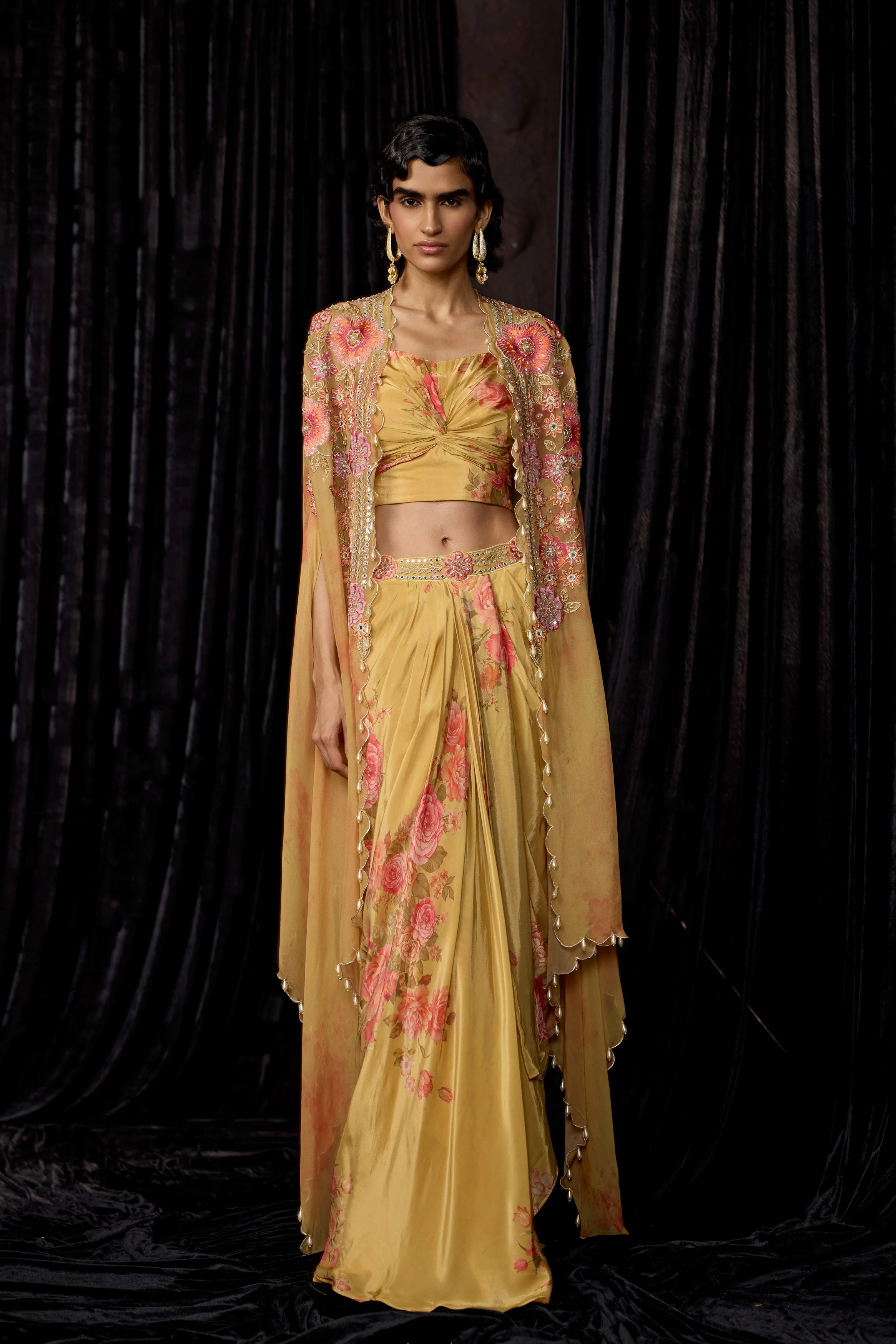 Golden Yellow Embellished Crepe Silk Drape Skirt Set - Image 5
